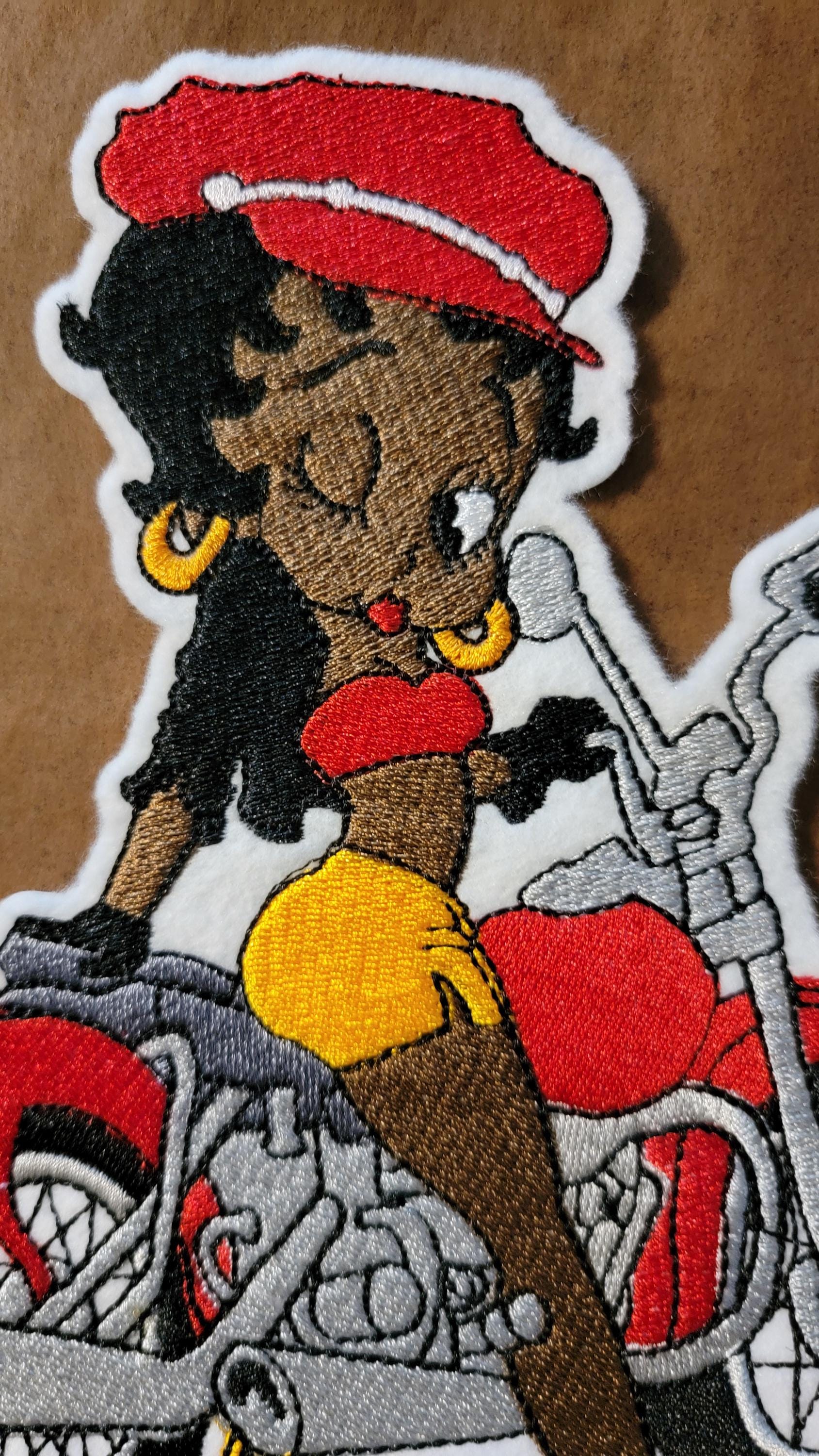 Betty Boop Iron-on Patches, Biker, Black Betty Boop on Motorcyle, Black History and Retro Cartoons, Vintage Classic Black Cartoon Characters