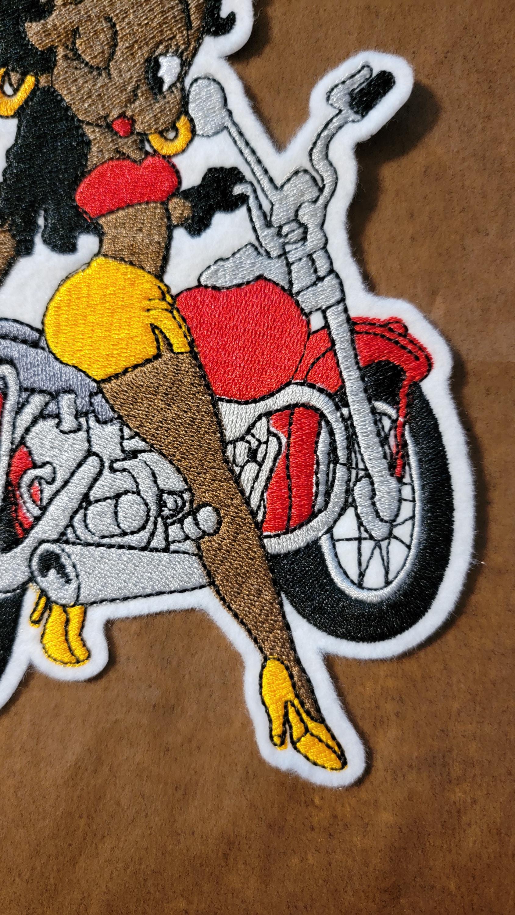 Betty Boop Iron-on Patches, Biker, Black Betty Boop on Motorcyle, Black History and Retro Cartoons, Vintage Classic Black Cartoon Characters