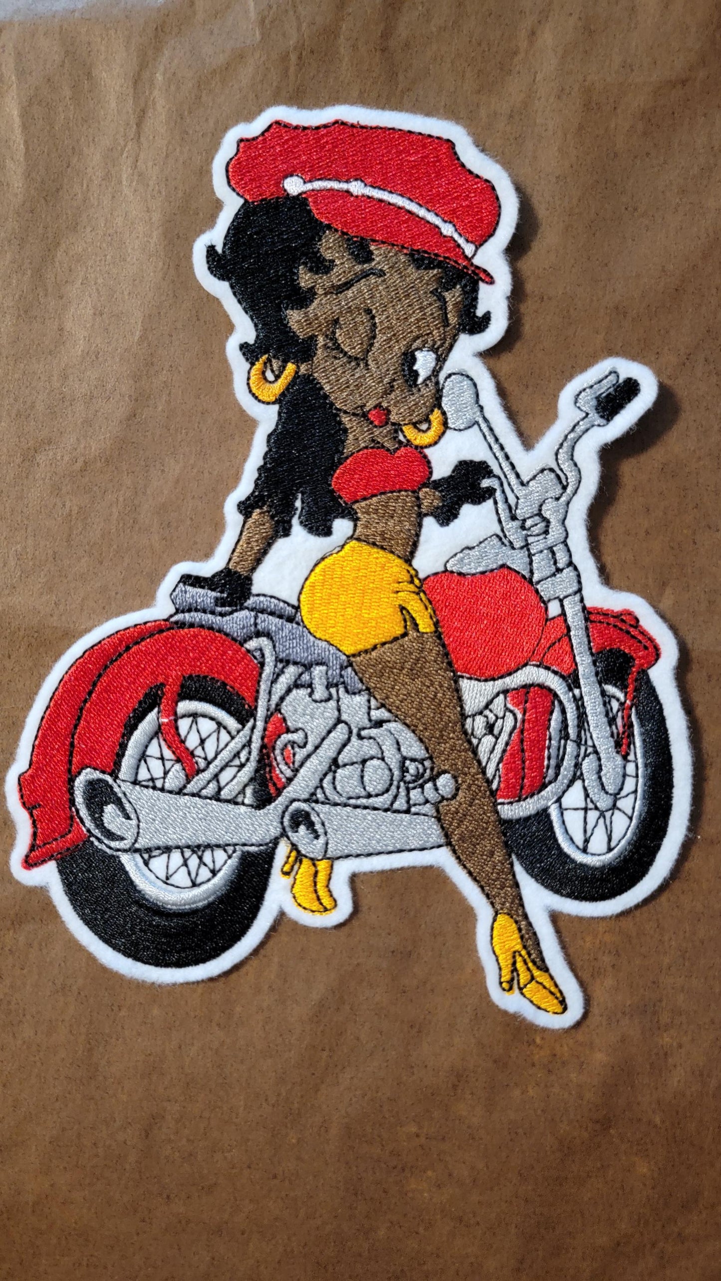 Betty Boop Iron-on Patches, Biker, Black Betty Boop on Motorcyle, Black History and Retro Cartoons, Vintage Classic Black Cartoon Characters