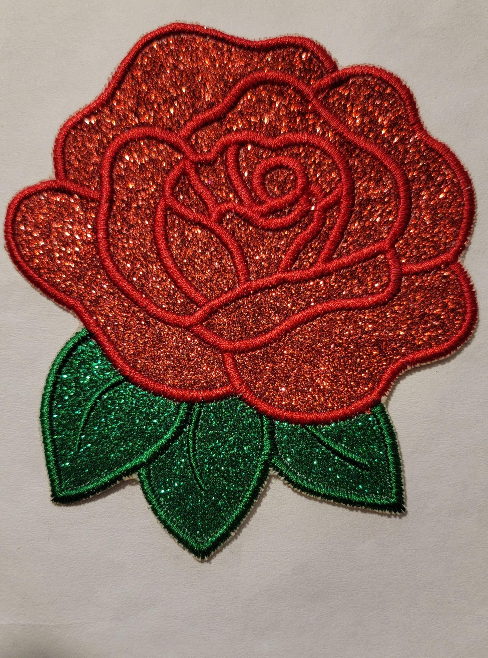 Rose Patch, Shimmering Glitter Vinyl, Red & Green Glitter Vinyl Rose Iron-On Patch, Multiple sizes perfect for the back of your jacket!