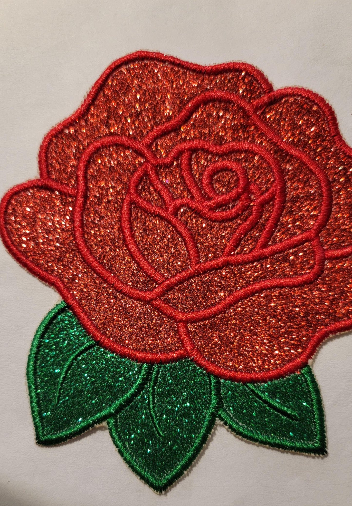 Rose Patch, Shimmering Glitter Vinyl, Red & Green Glitter Vinyl Rose Iron-On Patch, Multiple sizes perfect for the back of your jacket!
