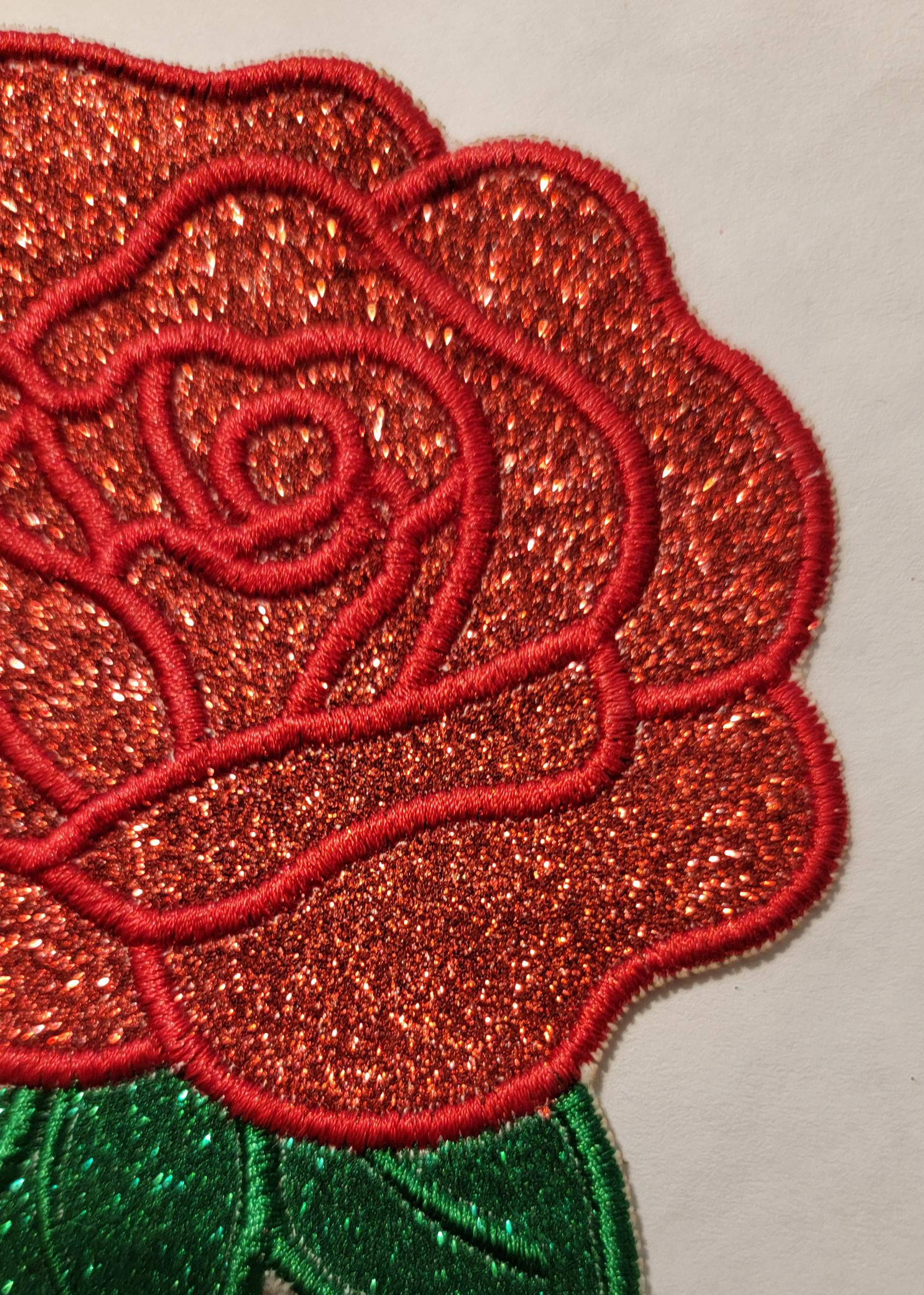 Rose Patch, Shimmering Glitter Vinyl, Red & Green Glitter Vinyl Rose Iron-On Patch, Multiple sizes perfect for the back of your jacket!