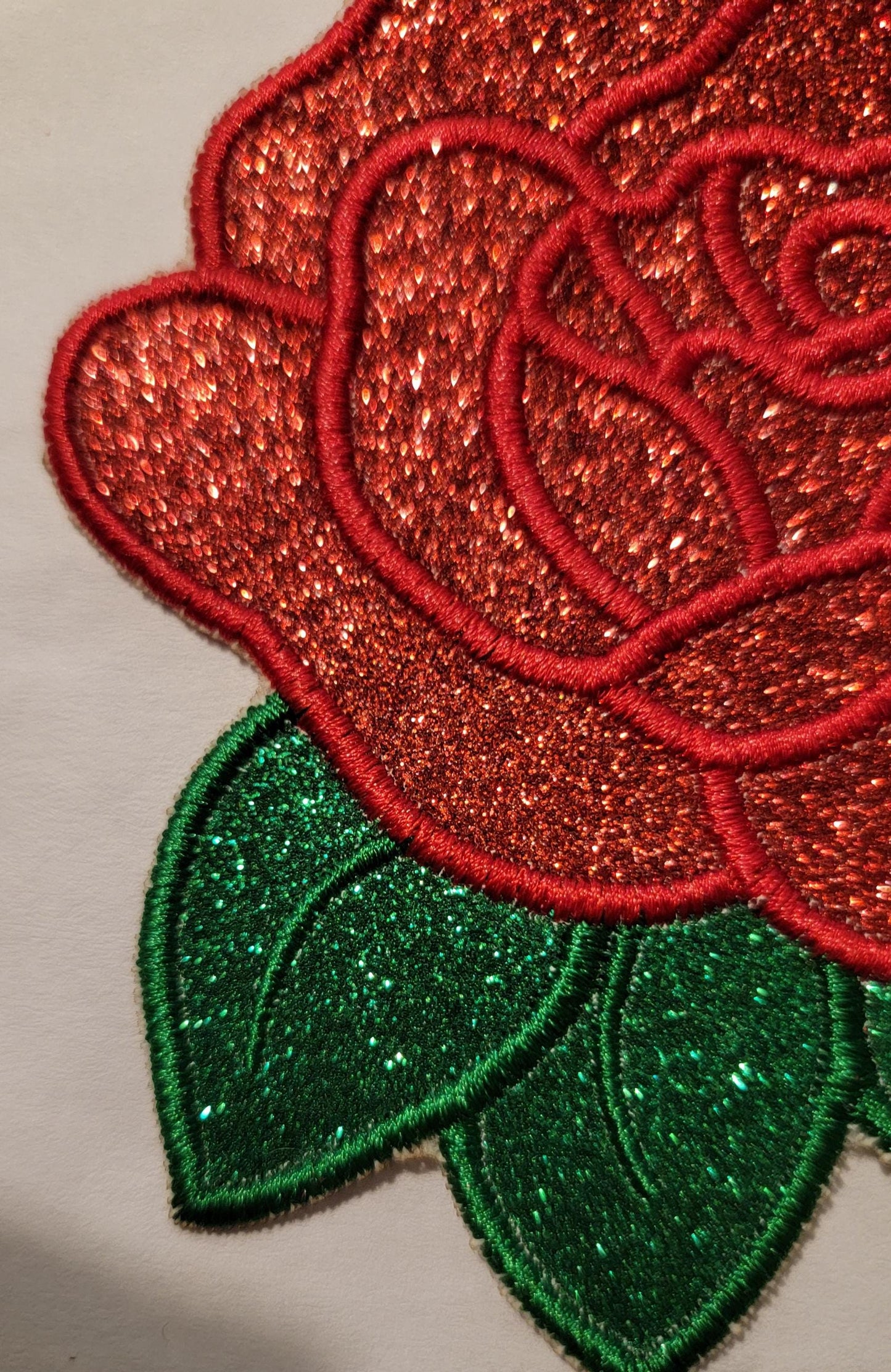 Rose Patch, Shimmering Glitter Vinyl, Red & Green Glitter Vinyl Rose Iron-On Patch, Multiple sizes perfect for the back of your jacket!