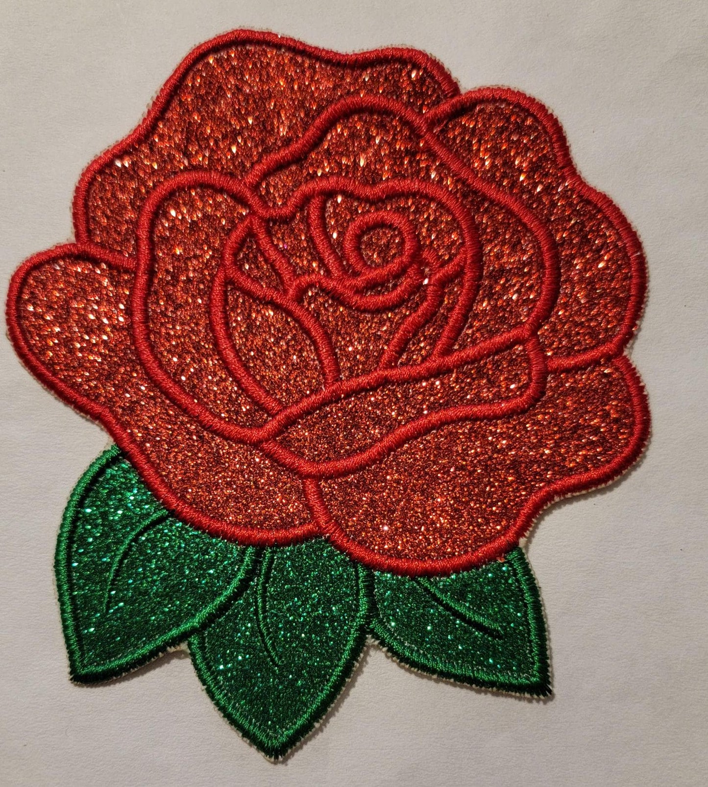 Rose Patch, Shimmering Glitter Vinyl, Red & Green Glitter Vinyl Rose Iron-On Patch, Multiple sizes perfect for the back of your jacket!