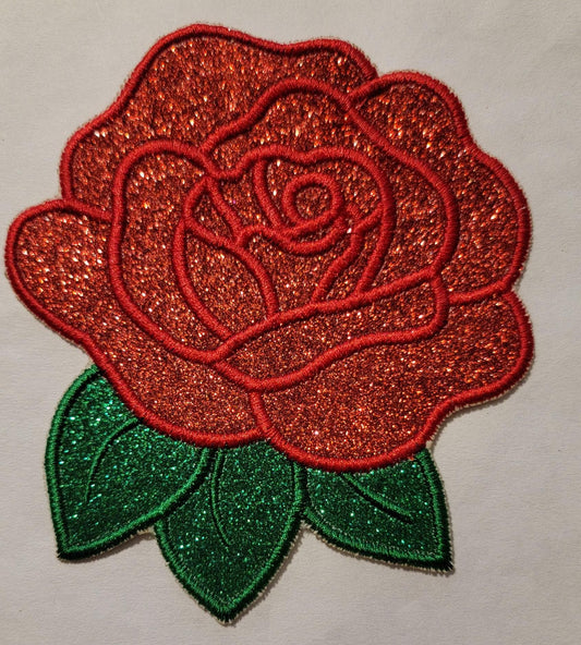 Rose Patch, Shimmering Glitter Vinyl, Red & Green Glitter Vinyl Rose Iron-On Patch, Multiple sizes perfect for the back of your jacket!