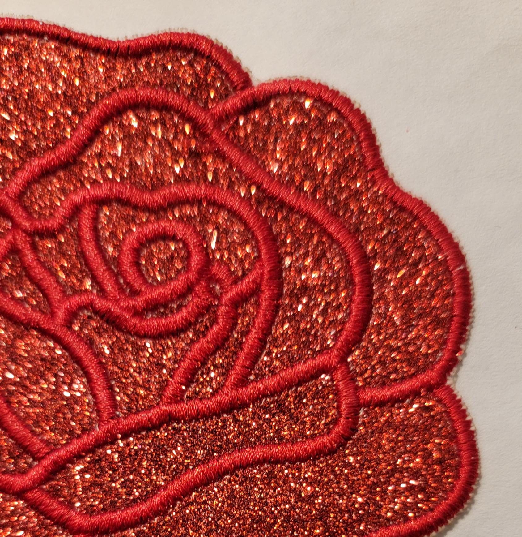 Rose Patch, Shimmering Glitter Vinyl, Red & Green Glitter Vinyl Rose Iron-On Patch, Multiple sizes perfect for the back of your jacket!