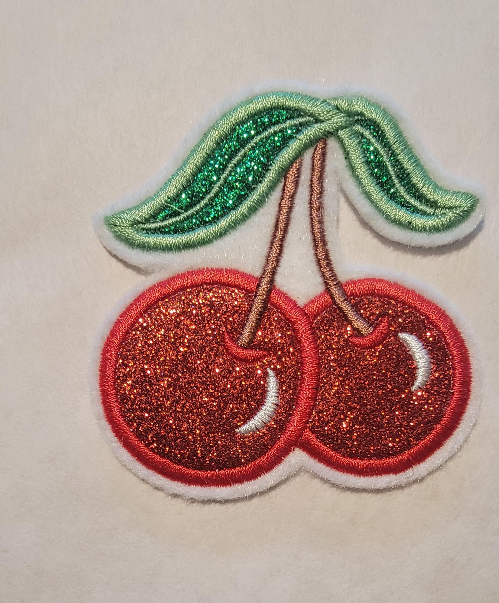 Red Glitter Cherry Iron-On Patch - Embroidered, 3 Sizes, Red Cherry Patches, Cute Aesthetic, Fruit Patch, Coquette Patches