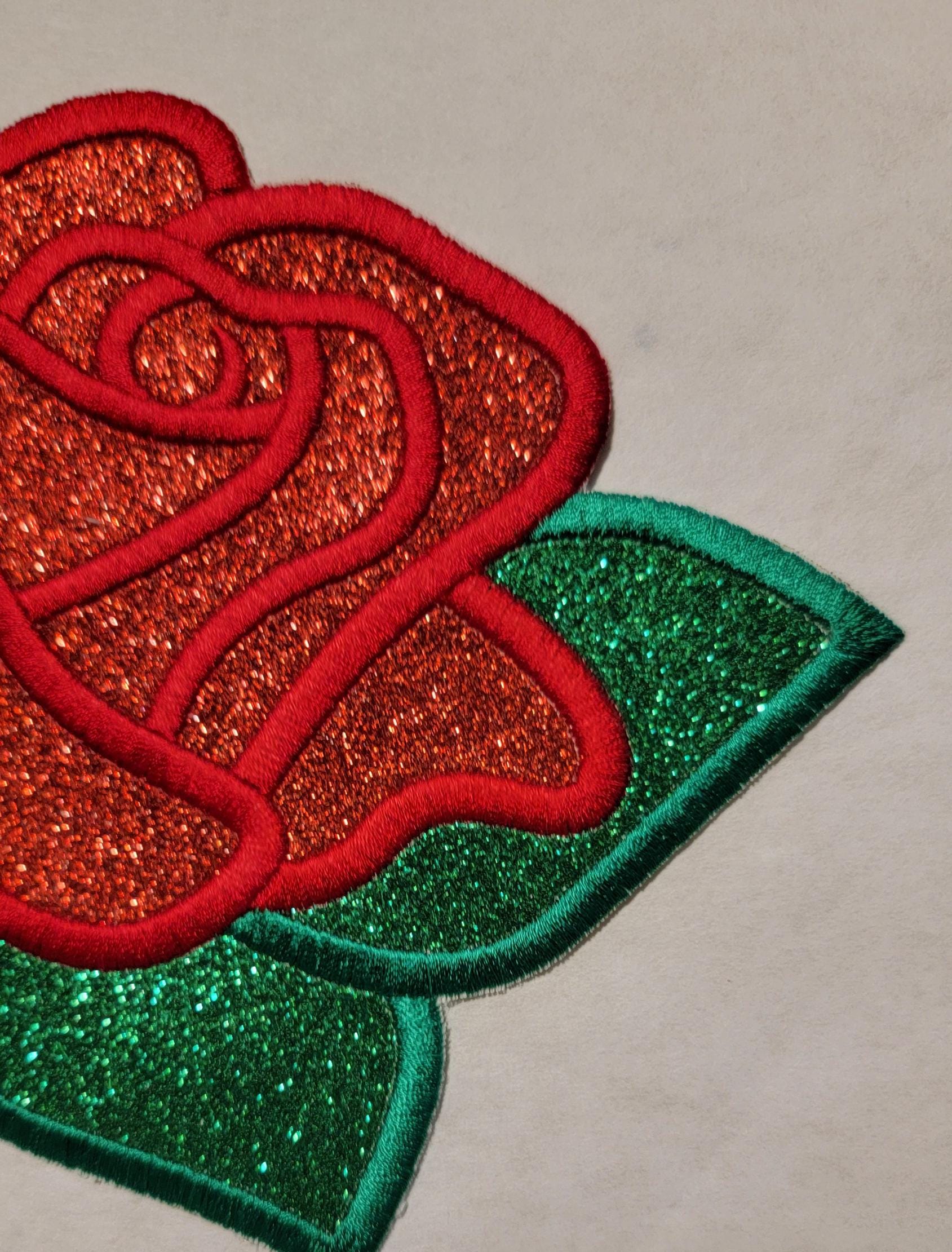 Rose Patch, Dazzling 6+-inch Embroidered Rose Glittered Patch.