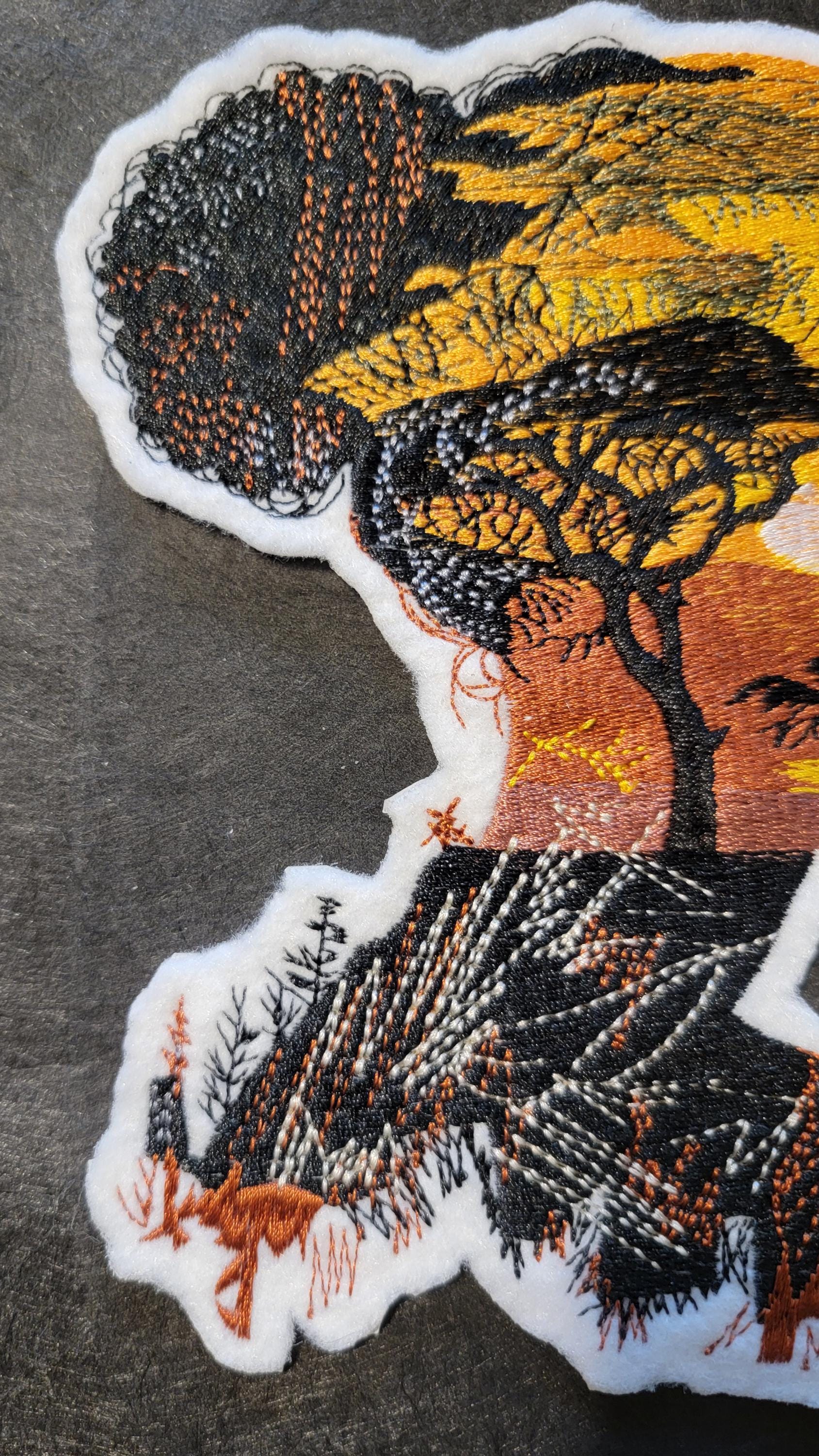 Black Girl Magic Iron-on Patch, Black Girl with Sunset Face, Embroidered on White Felt, African Heritage and Black Empowerment