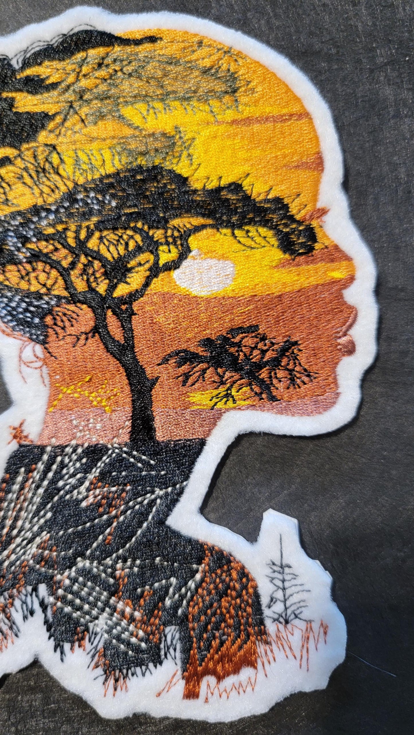 Black Girl Magic Iron-on Patch, Black Girl with Sunset Face, Embroidered on White Felt, African Heritage and Black Empowerment