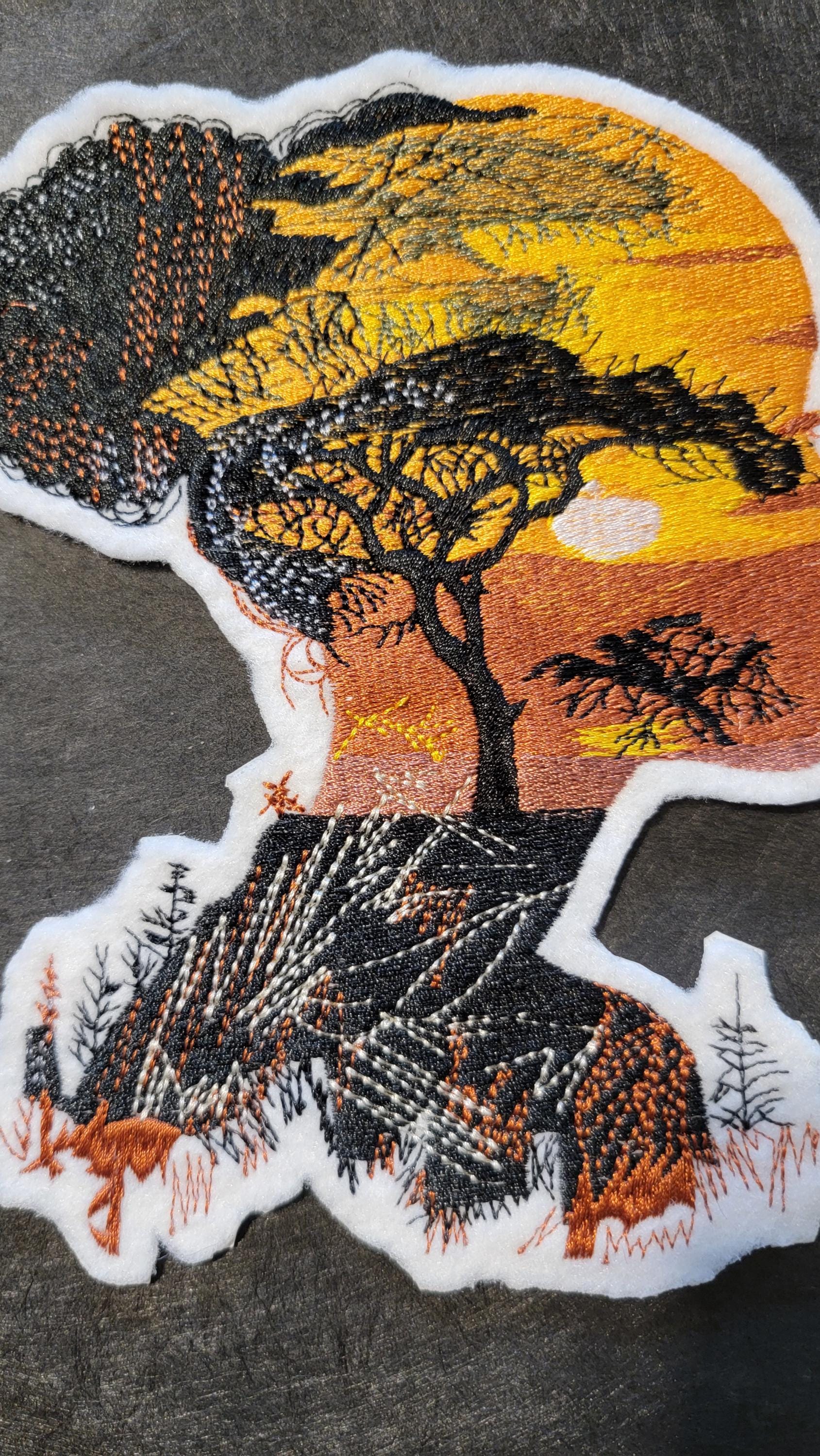 Black Girl Magic Iron-on Patch, Black Girl with Sunset Face, Embroidered on White Felt, African Heritage and Black Empowerment