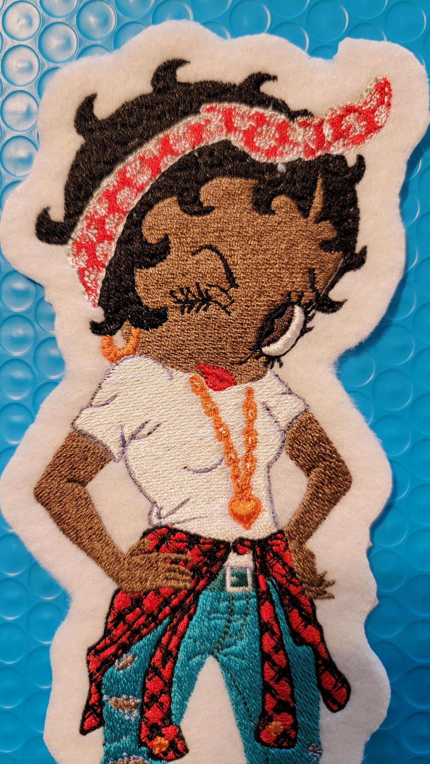 Betty Standing Sassy in her Jeans and Heels Iron-on Patch, Ripped Jeans & Red Heels Betty Boop Felt Iron-on Patch