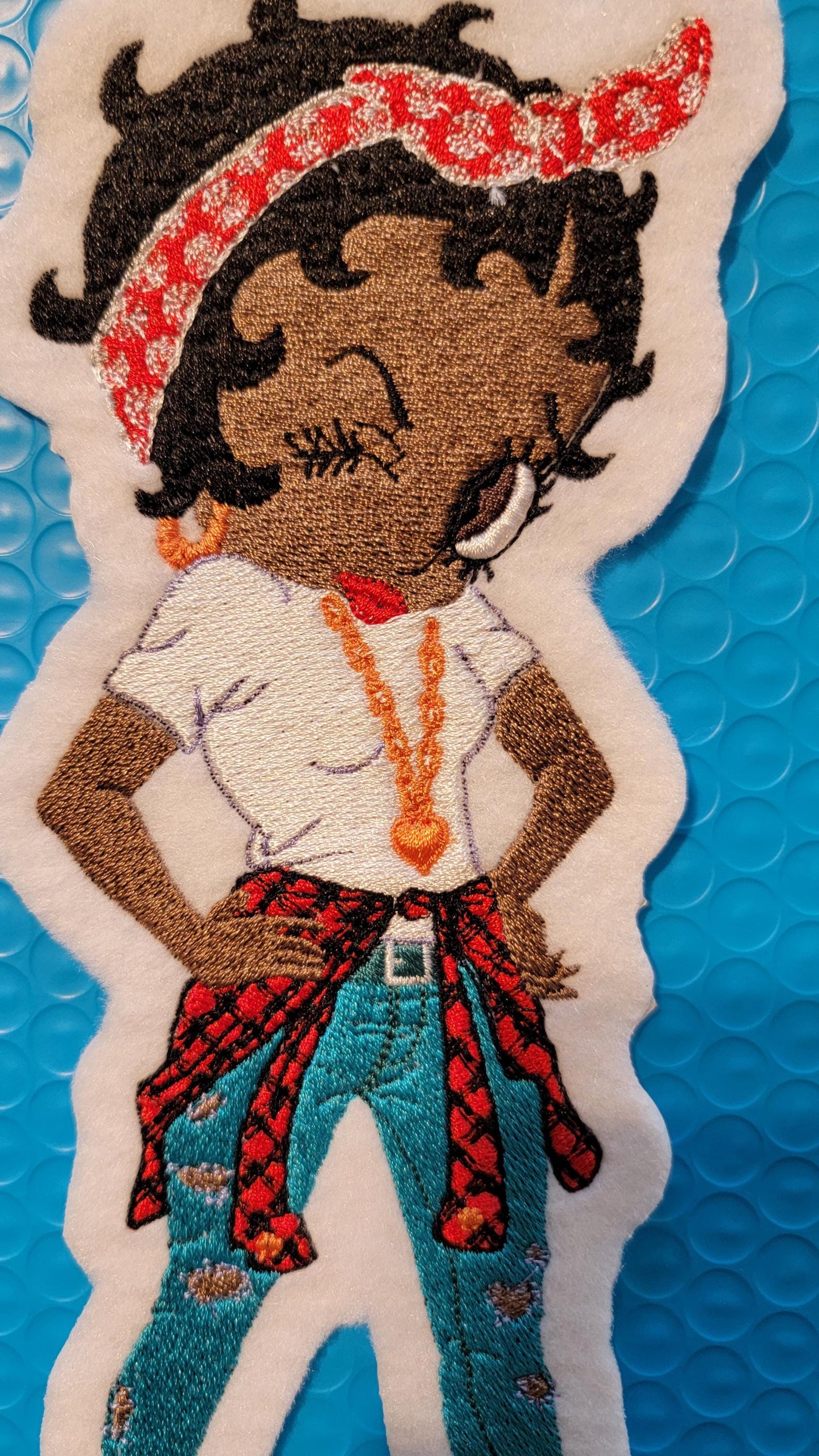 Betty Standing Sassy in her Jeans and Heels Iron-on Patch, Ripped Jeans & Red Heels Betty Boop Felt Iron-on Patch