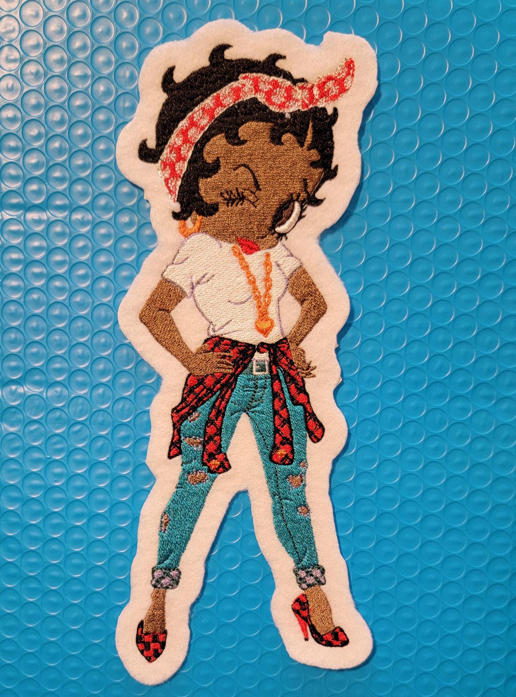 Betty Standing Sassy in her Jeans and Heels Iron-on Patch, Ripped Jeans & Red Heels Betty Boop Felt Iron-on Patch