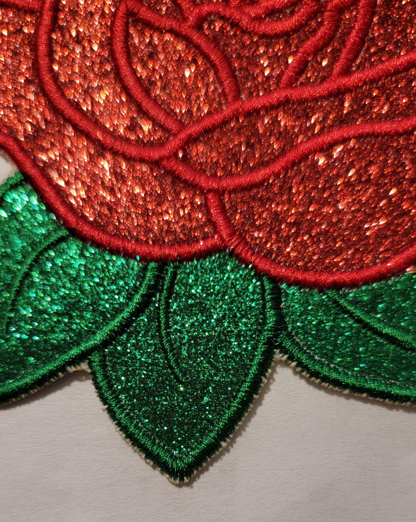 Rose Patch, Shimmering Glitter Vinyl, Red & Green Glitter Vinyl Rose Iron-On Patch, Multiple sizes perfect for the back of your jacket!