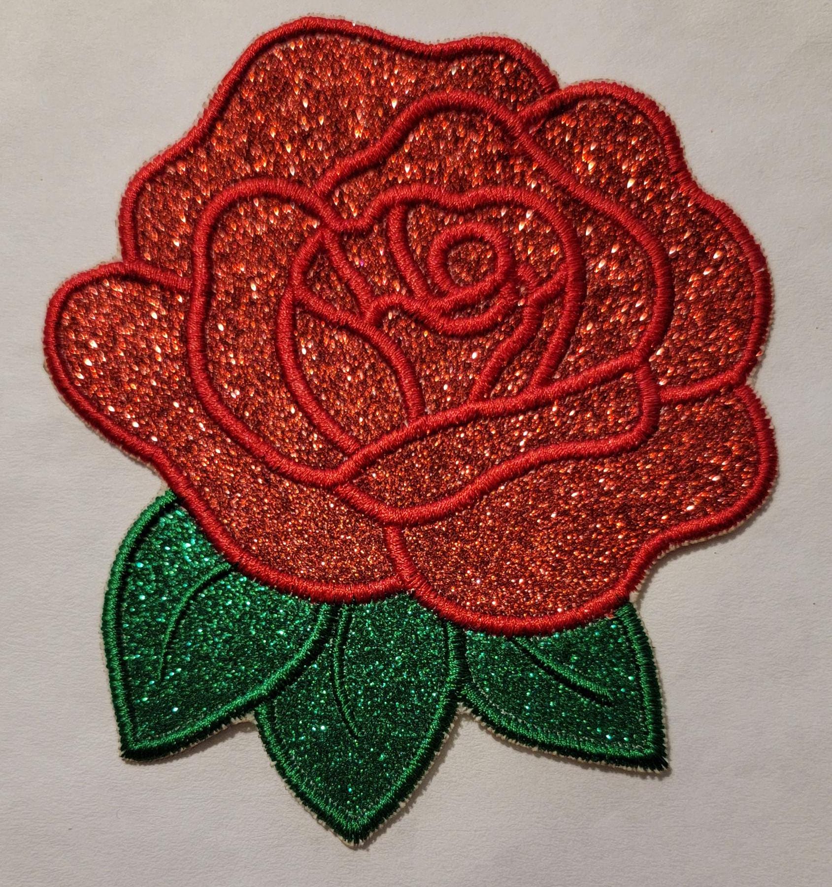 Rose Patch, Shimmering Glitter Vinyl, Red & Green Glitter Vinyl Rose Iron-On Patch, Multiple sizes perfect for the back of your jacket!