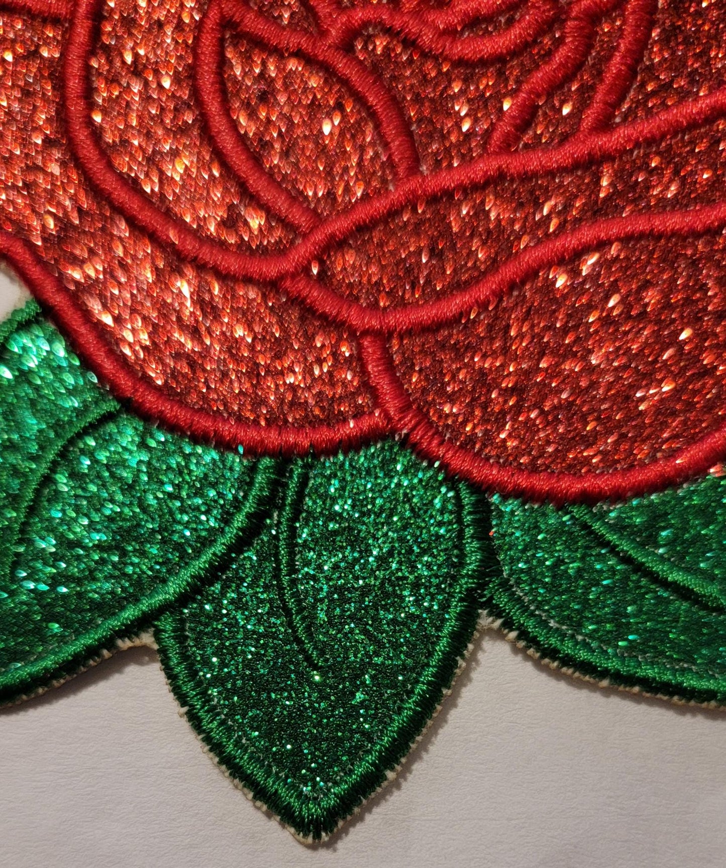 Rose Patch, Shimmering Glitter Vinyl, Red & Green Glitter Vinyl Rose Iron-On Patch, Multiple sizes perfect for the back of your jacket!