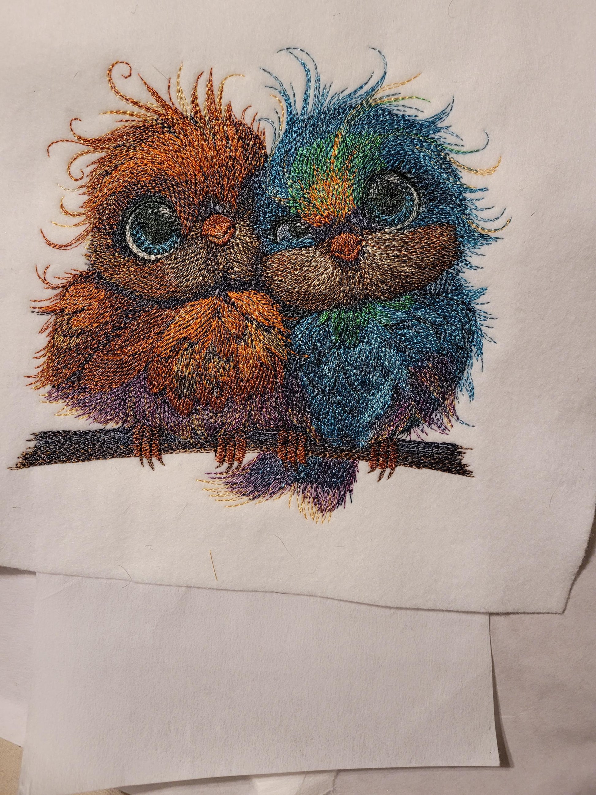 Birds, Embroidered Love Birds on Perch - Cute Blue & Orange Pair, Adorable, Sweet, and Charming. Whimsical and Colorful Bird Perch Decor.