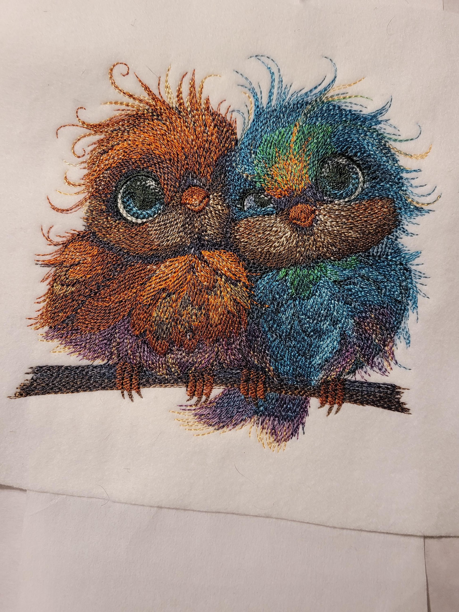 Birds, Embroidered Love Birds on Perch - Cute Blue & Orange Pair, Adorable, Sweet, and Charming. Whimsical and Colorful Bird Perch Decor.