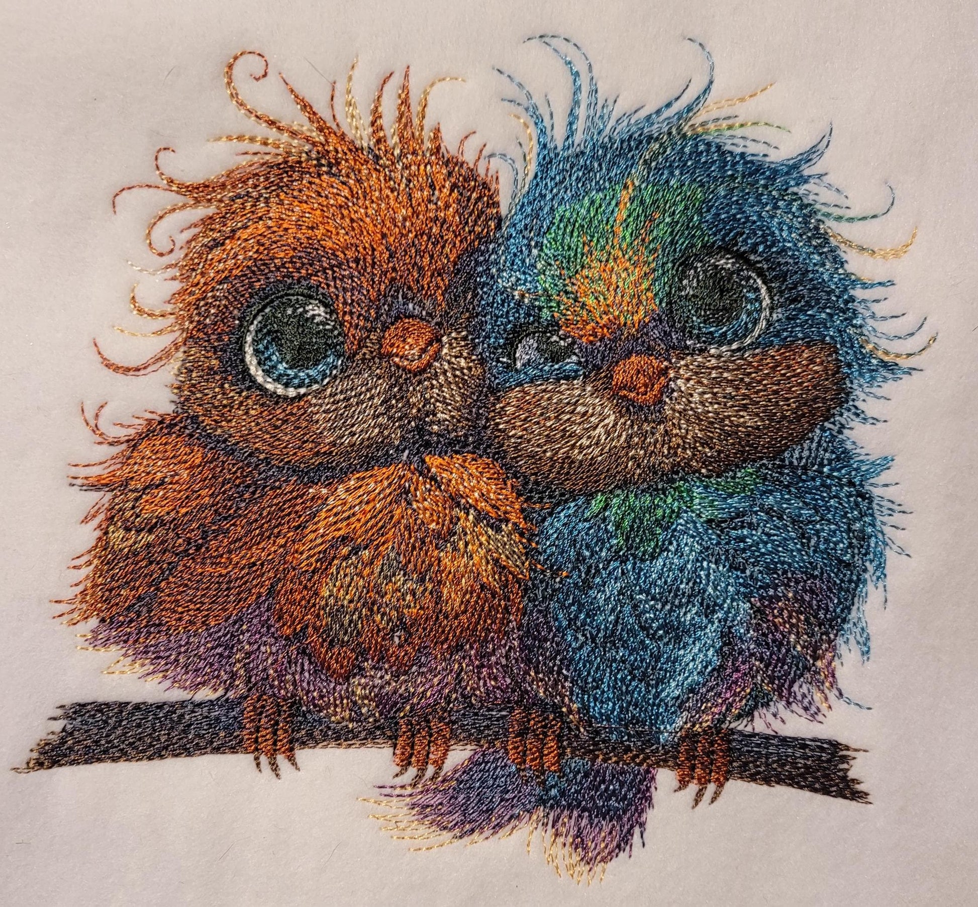Birds, Embroidered Love Birds on Perch - Cute Blue & Orange Pair, Adorable, Sweet, and Charming. Whimsical and Colorful Bird Perch Decor.