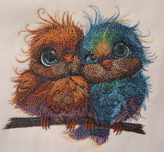 Birds, Embroidered Love Birds on Perch - Cute Blue & Orange Pair, Adorable, Sweet, and Charming. Whimsical and Colorful Bird Perch Decor.