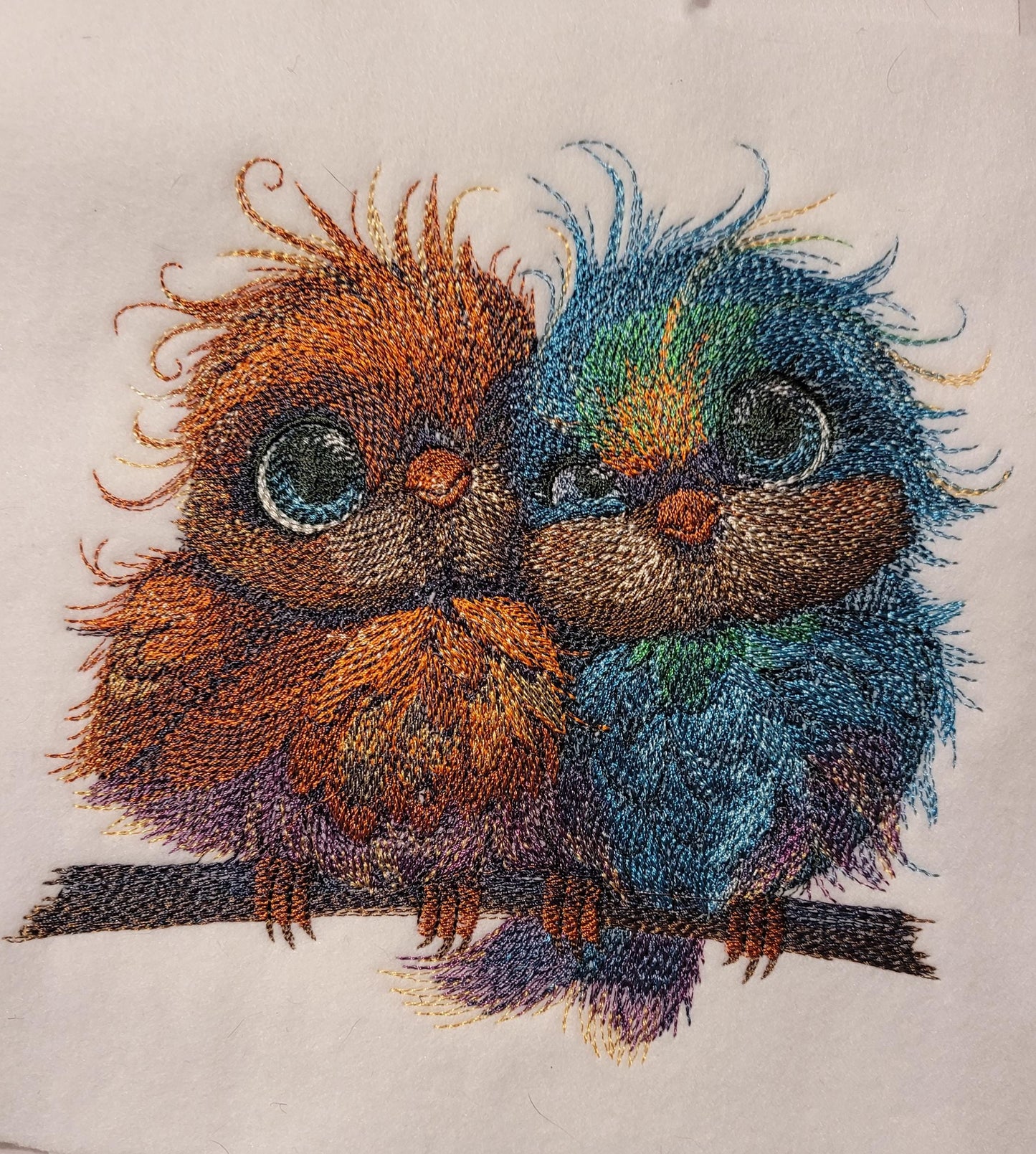 Birds, Embroidered Love Birds on Perch - Cute Blue & Orange Pair, Adorable, Sweet, and Charming. Whimsical and Colorful Bird Perch Decor.