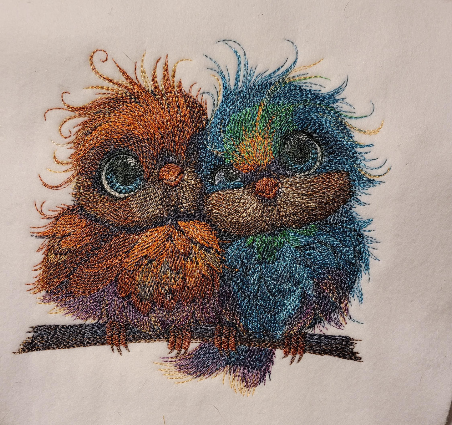 Birds, Embroidered Love Birds on Perch - Cute Blue & Orange Pair, Adorable, Sweet, and Charming. Whimsical and Colorful Bird Perch Decor.