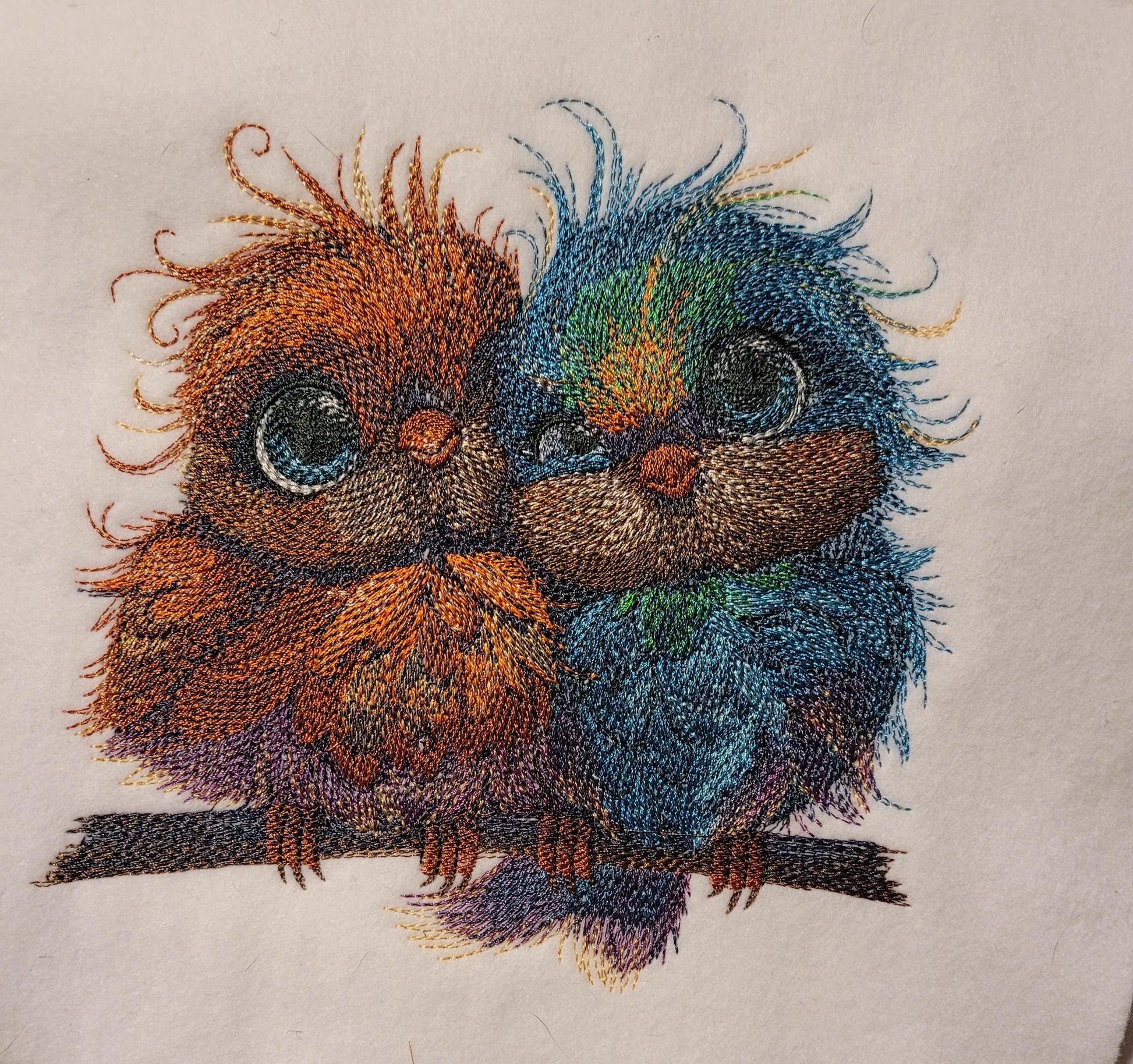 Birds, Embroidered Love Birds on Perch - Cute Blue & Orange Pair, Adorable, Sweet, and Charming. Whimsical and Colorful Bird Perch Decor.