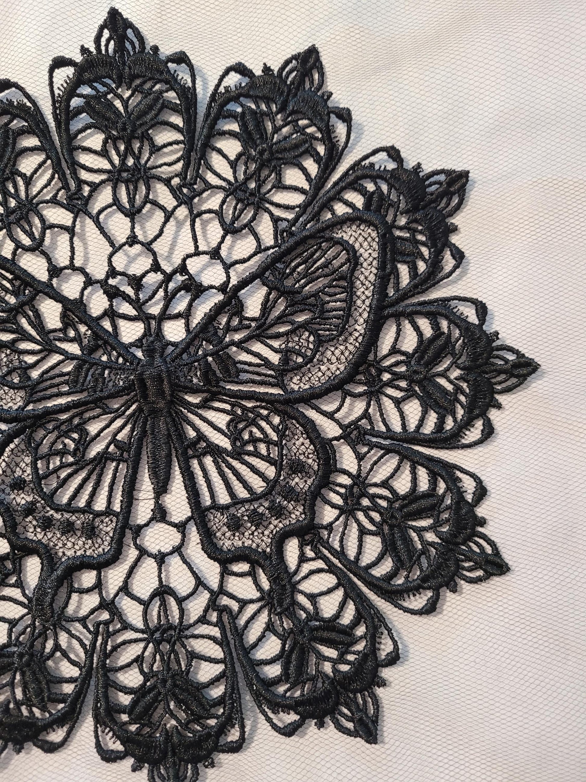 Black Butterfly Lace Doily, Embroidered Butterfly Lace, Elegant, Intricate, Delicate Darkness Doily, Butterfly Design Doily, Midnight Wings
