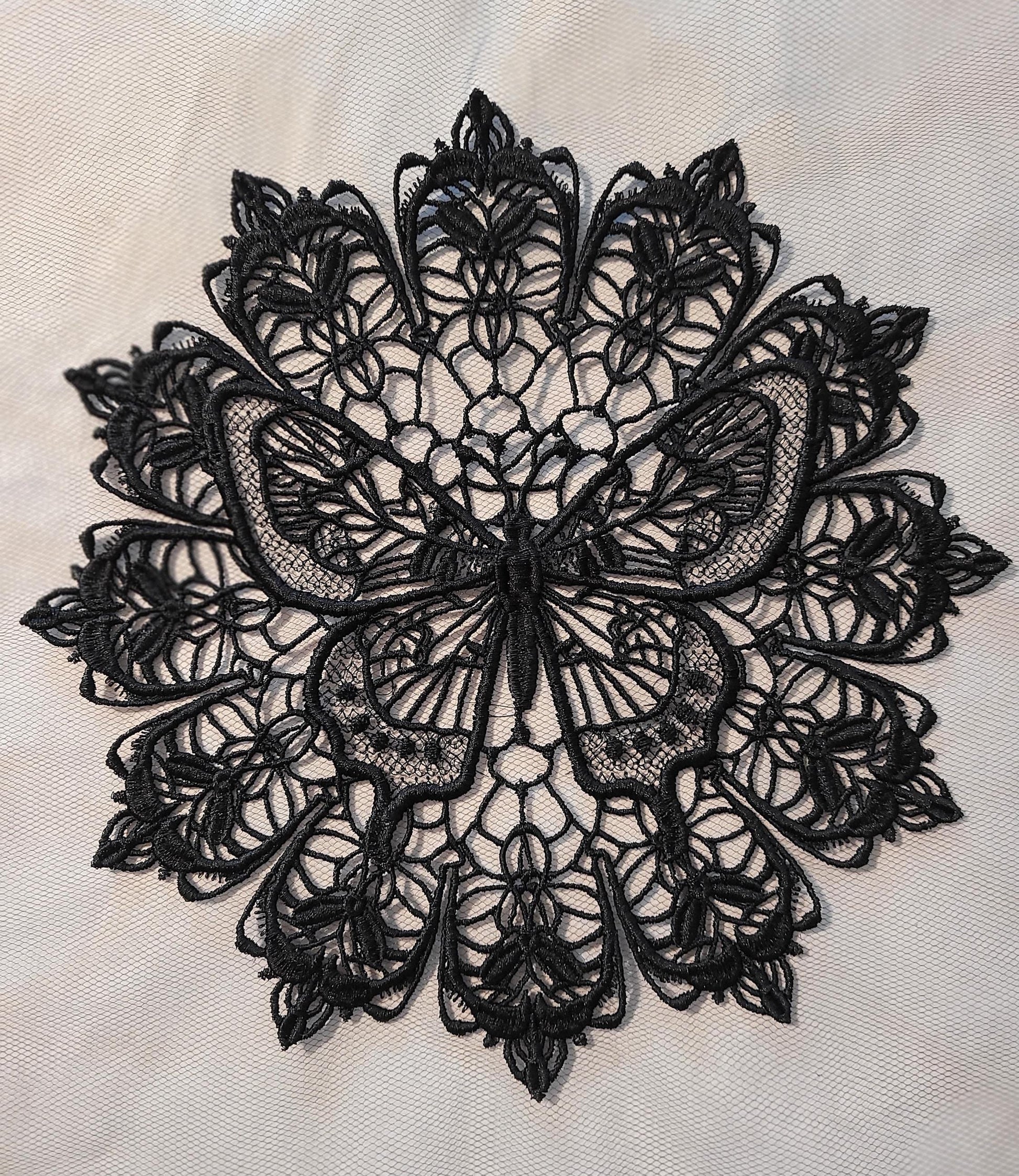 Black Butterfly Lace Doily, Embroidered Butterfly Lace, Elegant, Intricate, Delicate Darkness Doily, Butterfly Design Doily, Midnight Wings