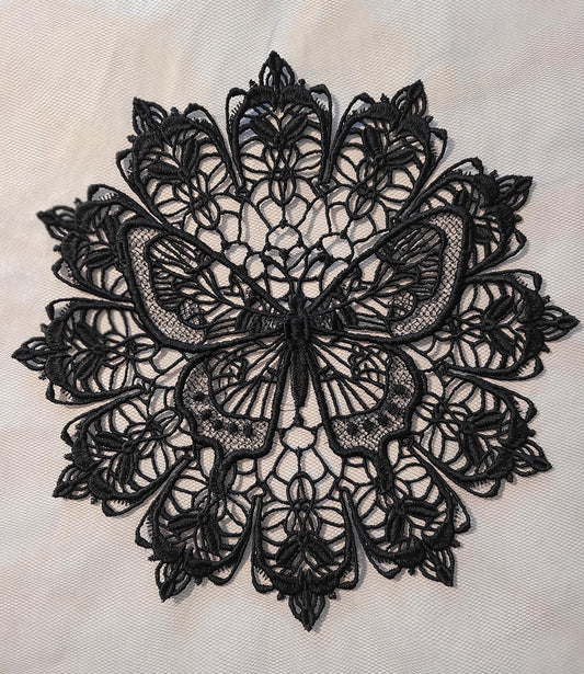 Black Butterfly Lace Doily, Embroidered Butterfly Lace, Elegant, Intricate, Delicate Darkness Doily, Butterfly Design Doily, Midnight Wings