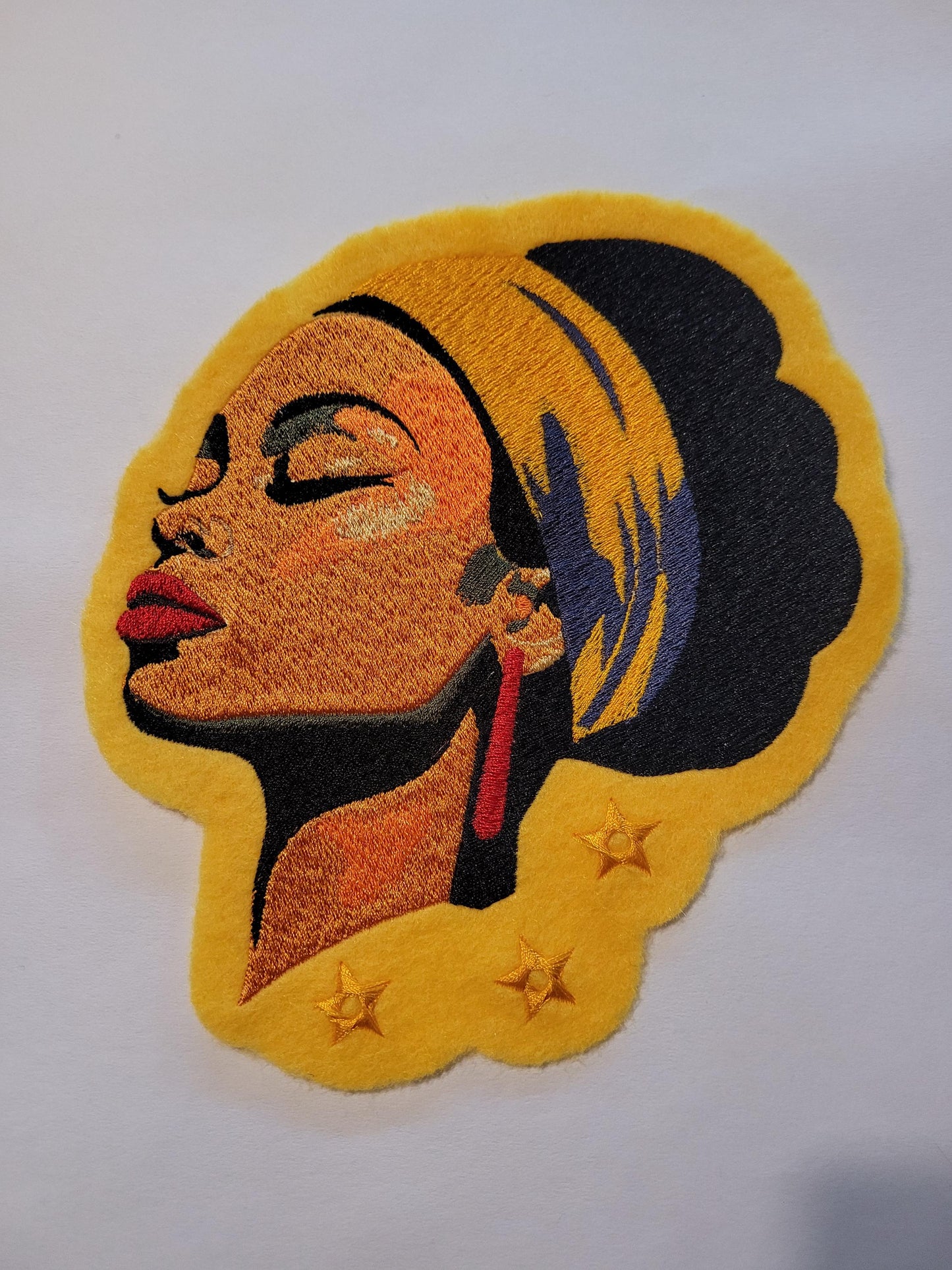Black Women, Sun-Kissed Serenity: Golden Felt Iron-On Patch, Golden Hour Beauty, Empowered Peace Golden Felt Patch with Headwrap, Serenity