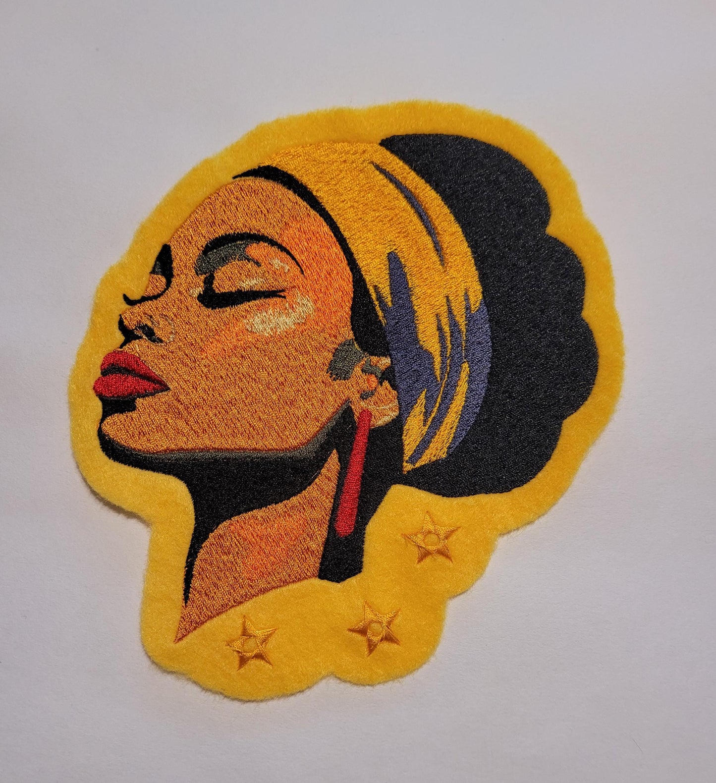 Black Women, Sun-Kissed Serenity: Golden Felt Iron-On Patch, Golden Hour Beauty, Empowered Peace Golden Felt Patch with Headwrap, Serenity