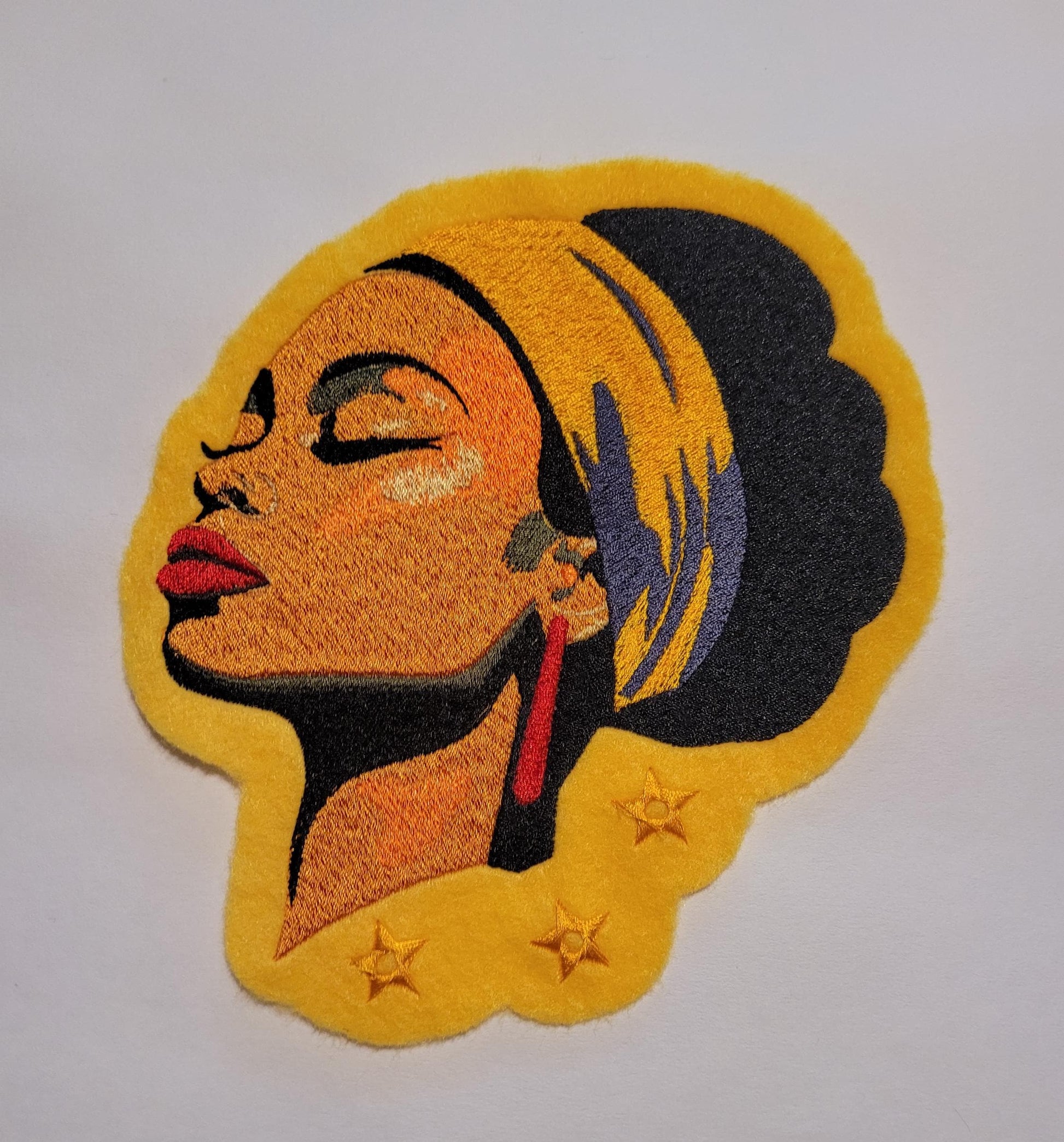 Black Women, Sun-Kissed Serenity: Golden Felt Iron-On Patch, Golden Hour Beauty, Empowered Peace Golden Felt Patch with Headwrap, Serenity