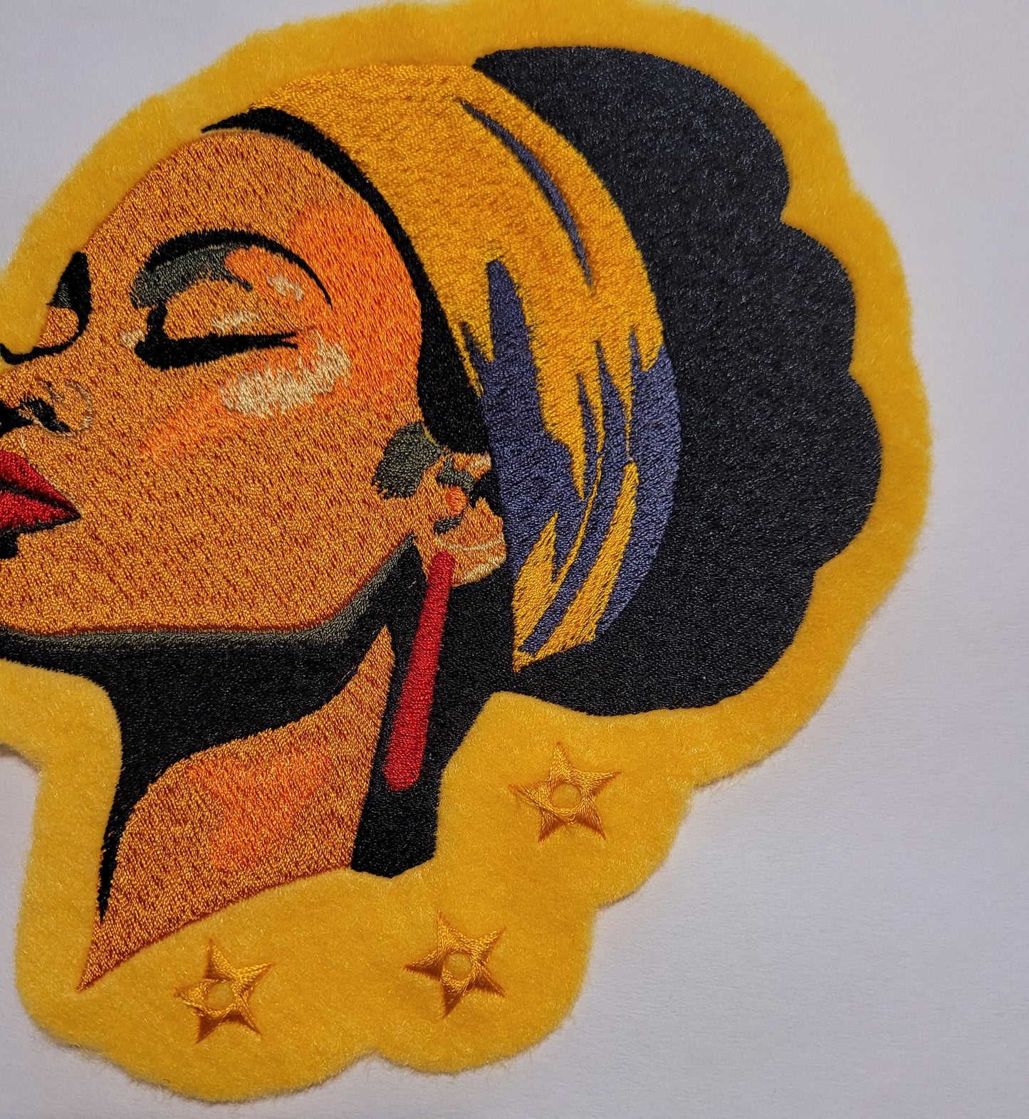 Black Women, Sun-Kissed Serenity: Golden Felt Iron-On Patch, Golden Hour Beauty, Empowered Peace Golden Felt Patch with Headwrap, Serenity