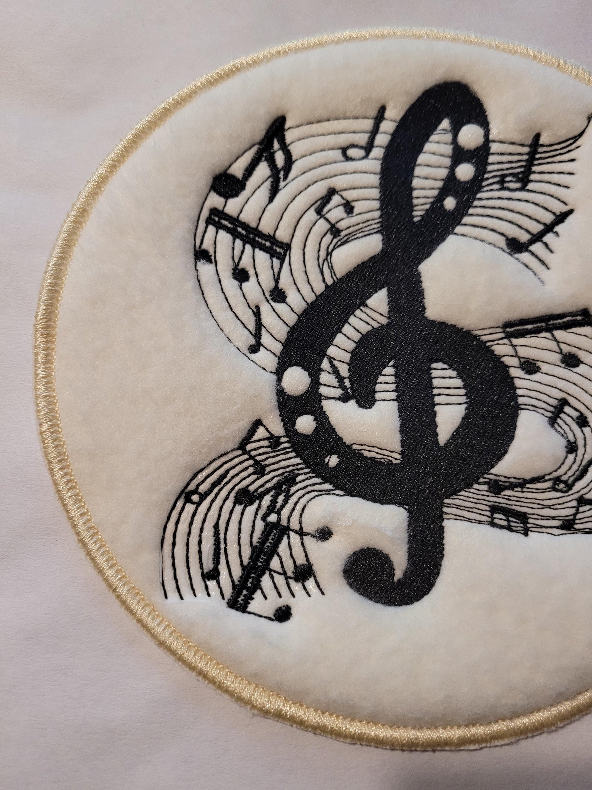 Musical Note Patch: Black Treble Clef on Off-White Fleece,