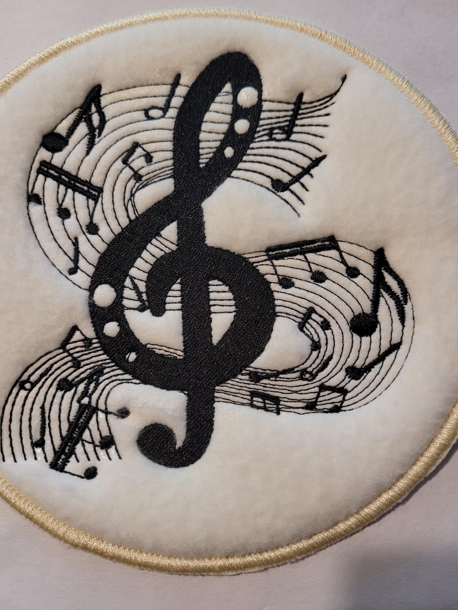 Musical Note Patch: Black Treble Clef on Off-White Fleece,