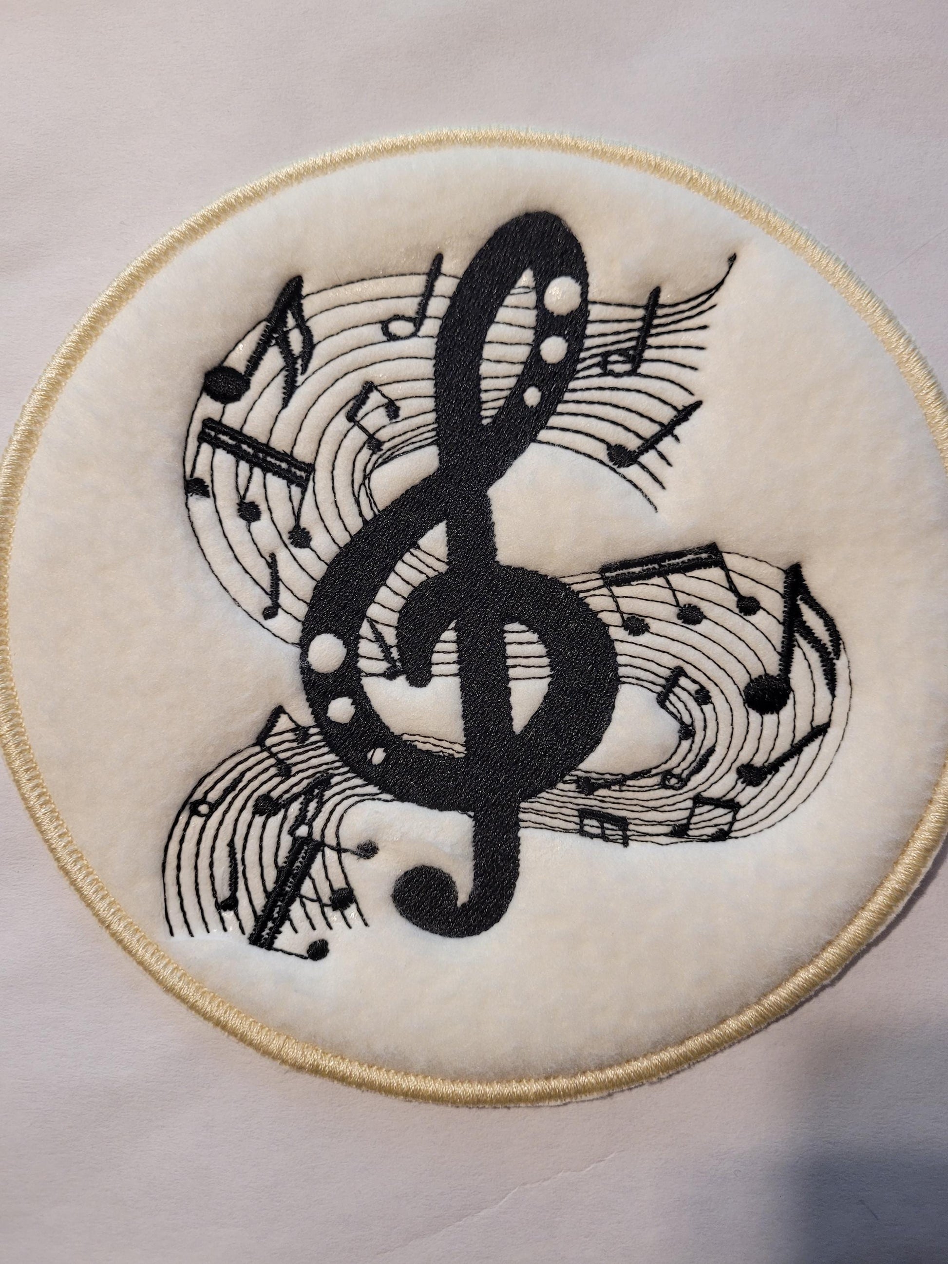 Musical Note Patch: Black Treble Clef on Off-White Fleece,