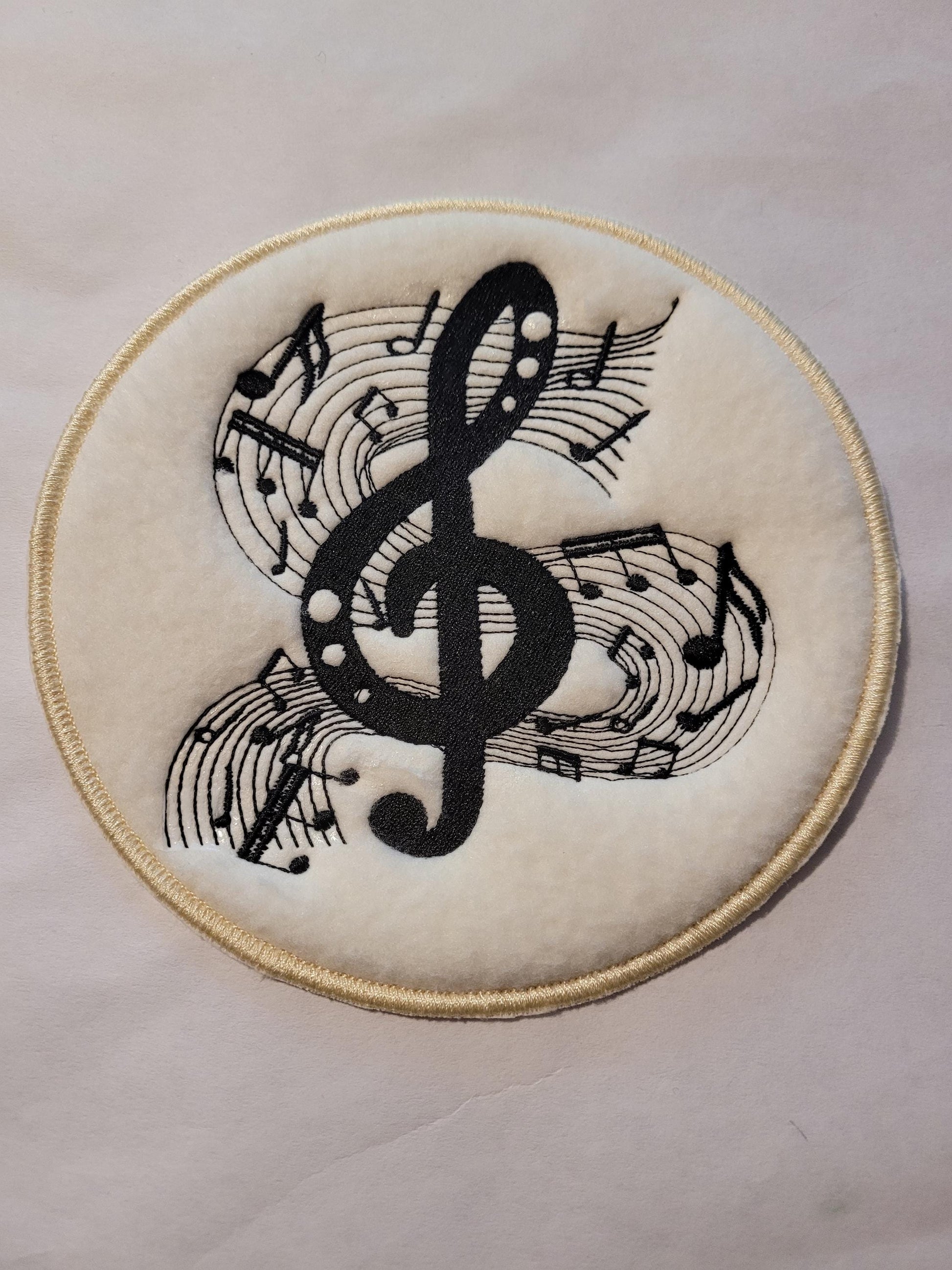 Musical Note Patch: Black Treble Clef on Off-White Fleece,