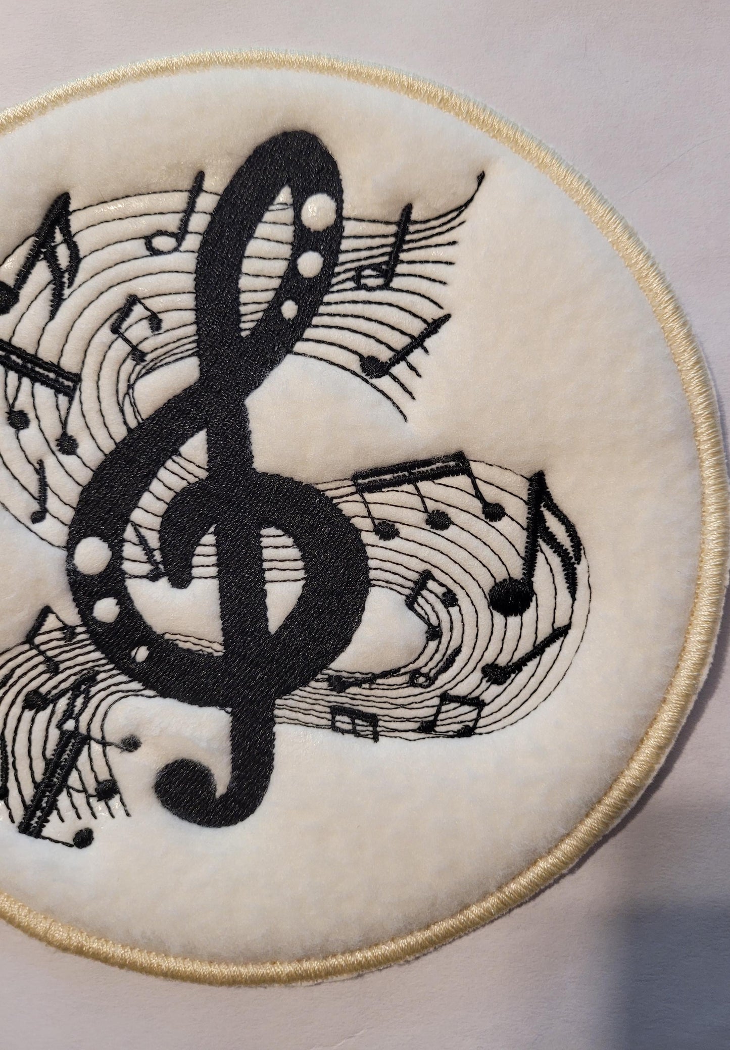 Musical Note Patch: Black Treble Clef on Off-White Fleece,