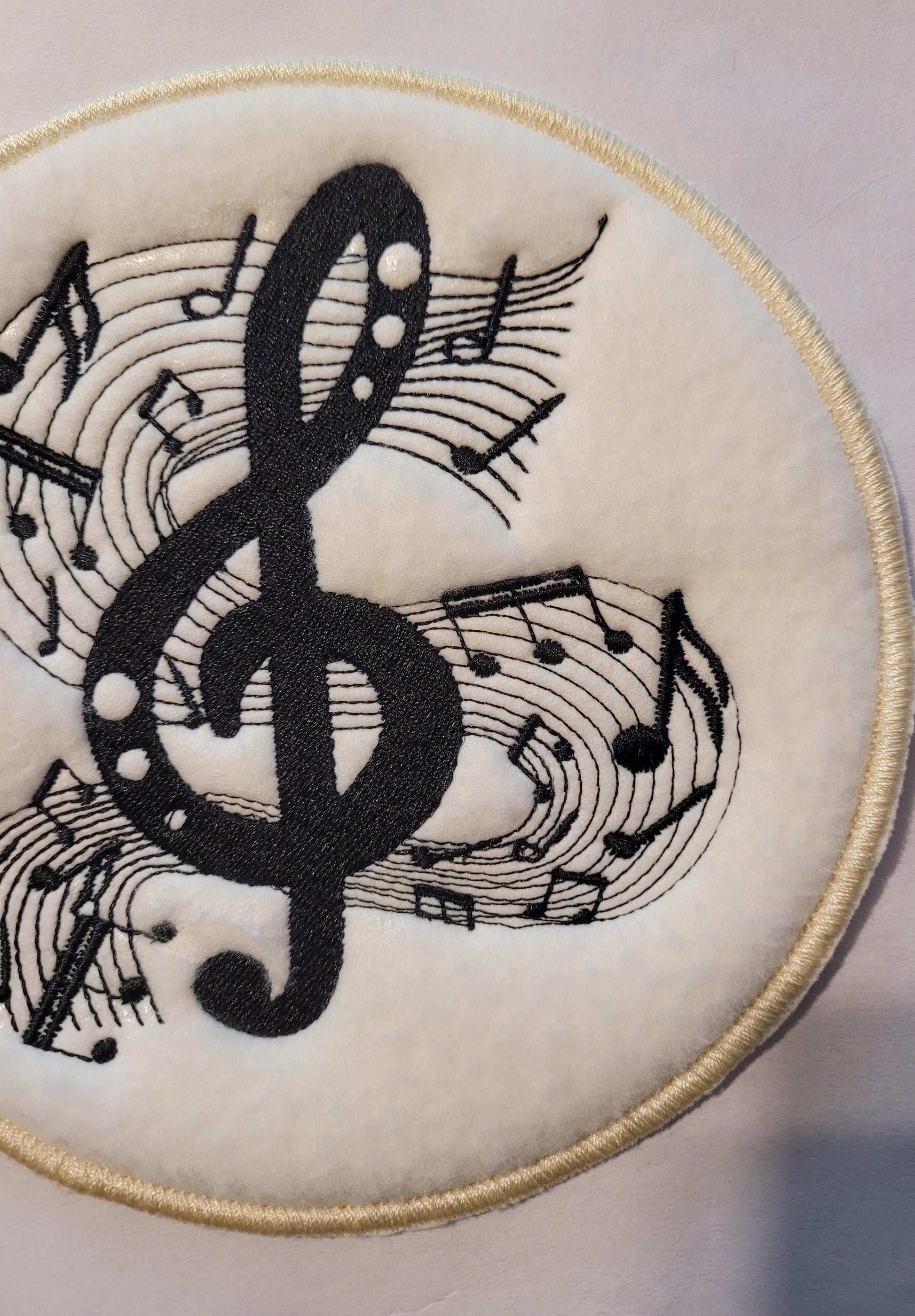 Musical Note Patch: Black Treble Clef on Off-White Fleece,
