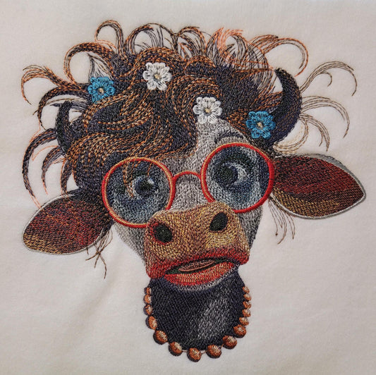 Cows, Funny Crazy Goofy Cow. Goofy Gal Embroidery for Quilts, Wall Hangings, Funny Art, Pearl and Smiles, Cow and Farm Animal lovers
