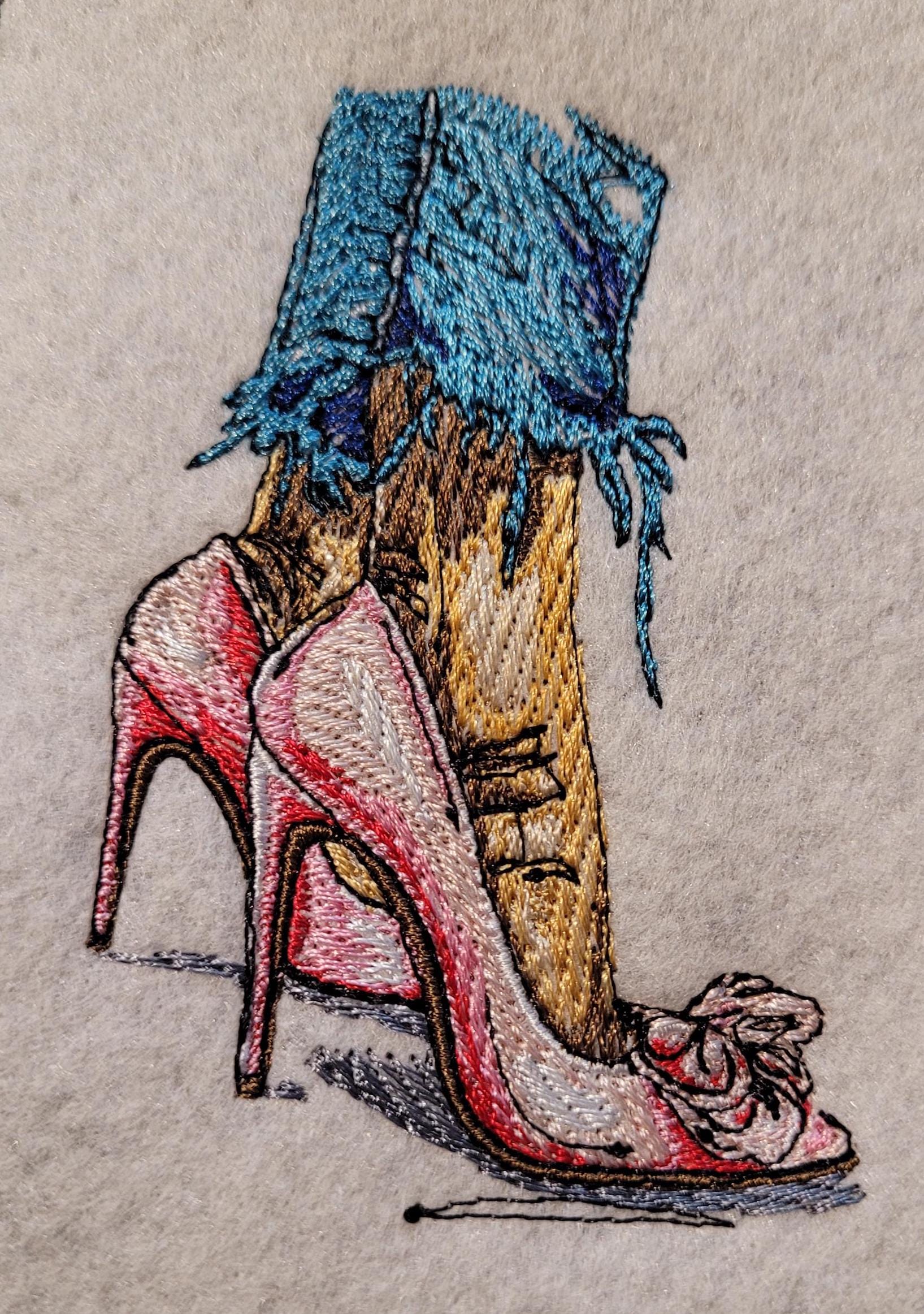 Red Heels, Lace & Denim: Red Heel Patch or 12x12" Felt Panel, Shredded Hem and Heels Iron-On Art, Crimson Bow Heels Embroidered Patch