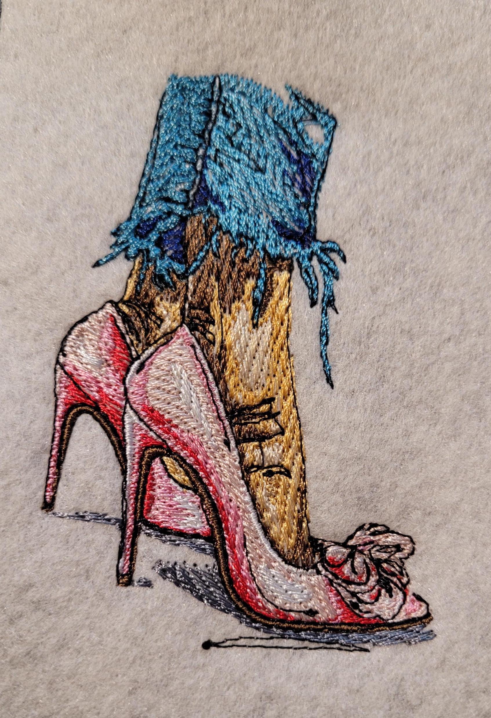 Red Heels, Lace & Denim: Red Heel Patch or 12x12" Felt Panel, Shredded Hem and Heels Iron-On Art, Crimson Bow Heels Embroidered Patch