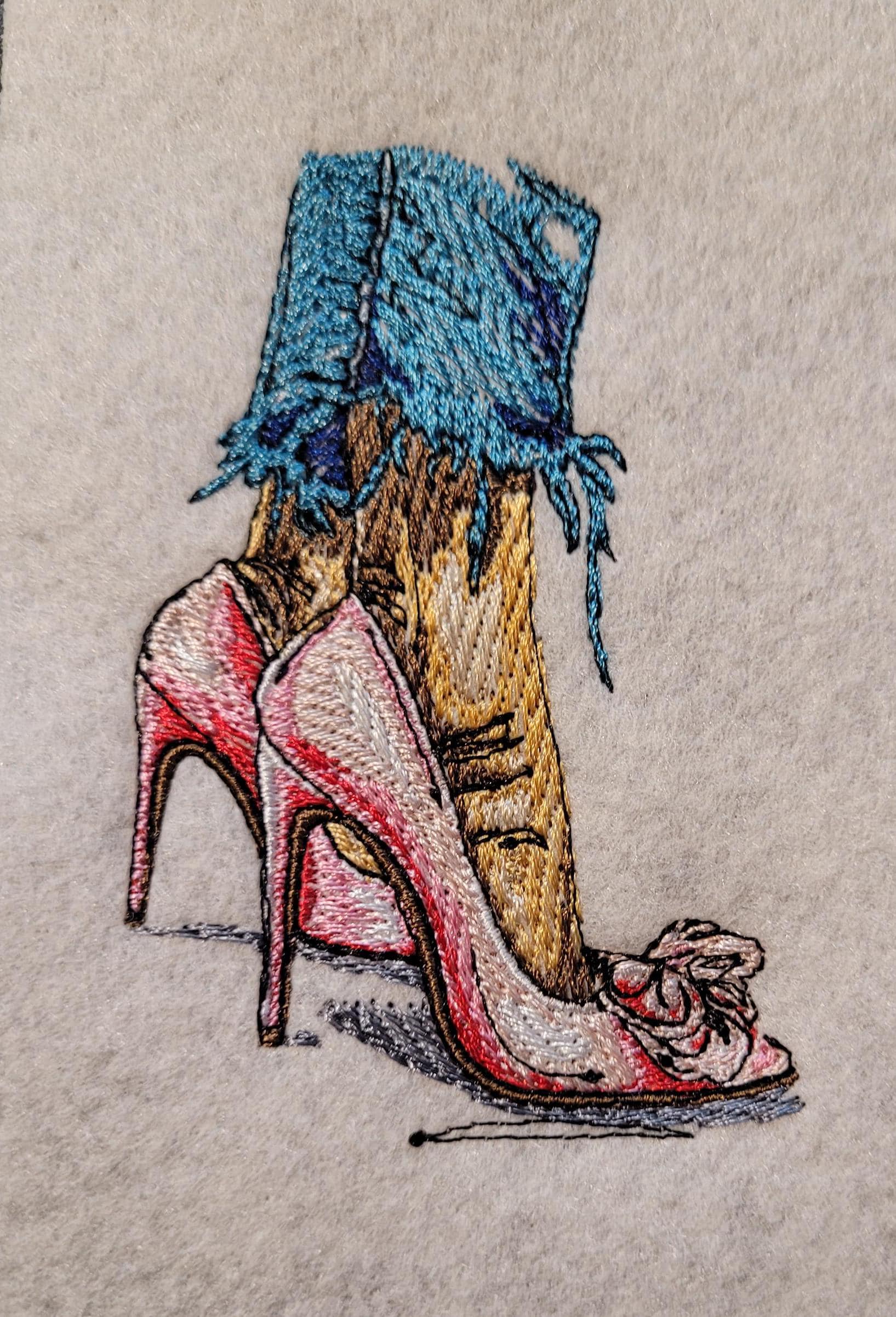 Red Heels, Lace & Denim: Red Heel Patch or 12x12" Felt Panel, Shredded Hem and Heels Iron-On Art, Crimson Bow Heels Embroidered Patch