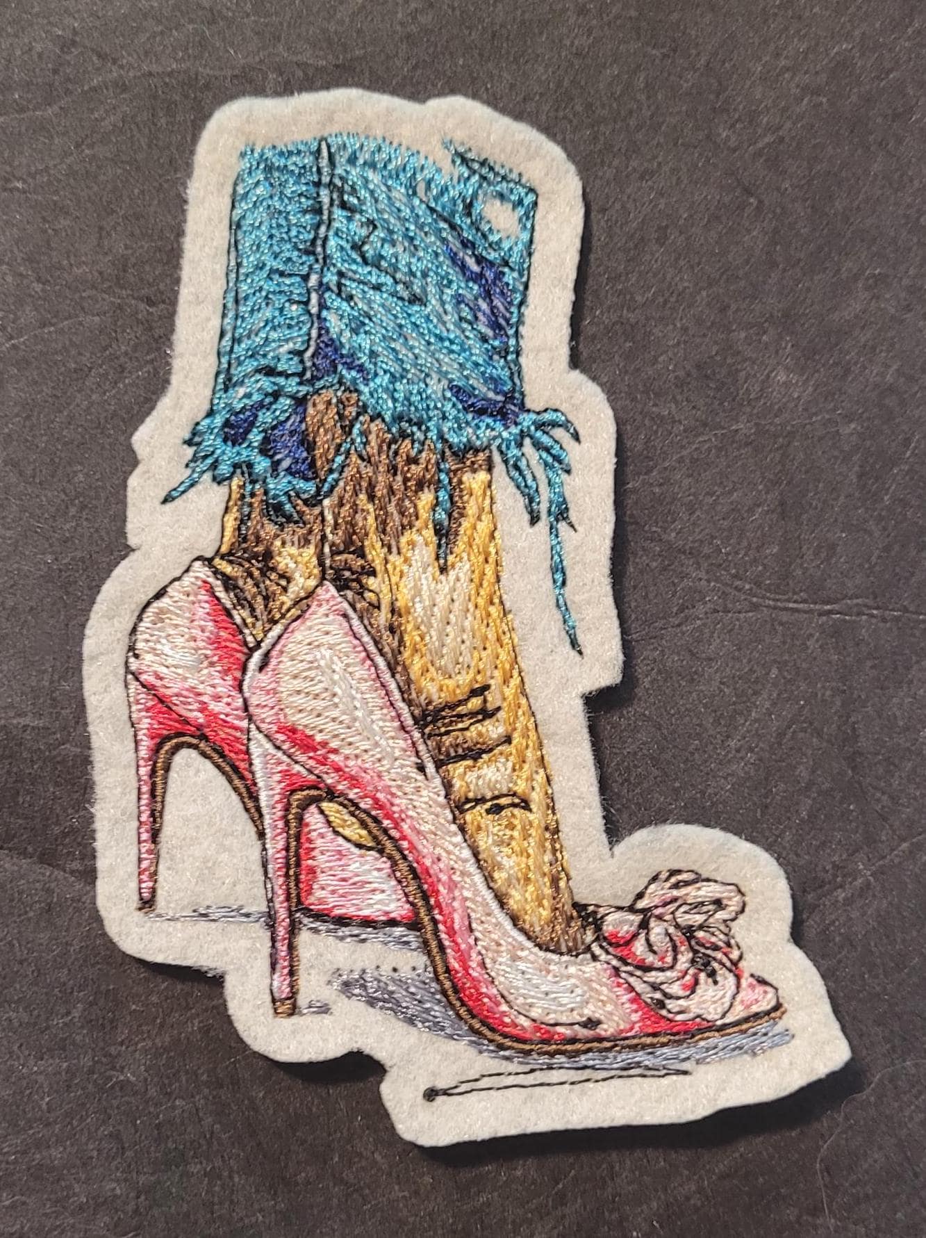 Red Heels, Lace & Denim: Red Heel Patch or 12x12" Felt Panel, Shredded Hem and Heels Iron-On Art, Crimson Bow Heels Embroidered Patch