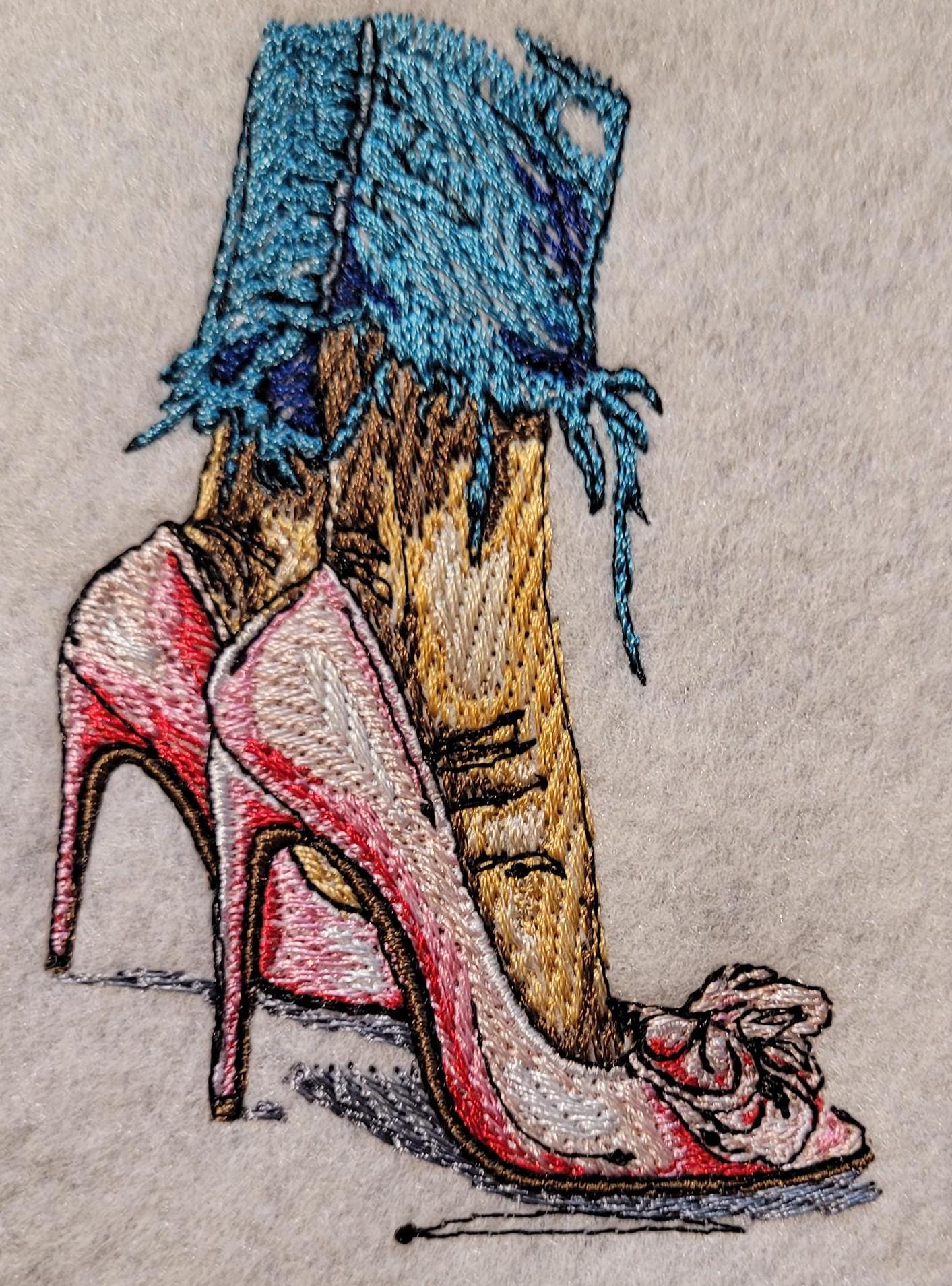 Red Heels, Lace & Denim: Red Heel Patch or 12x12" Felt Panel, Shredded Hem and Heels Iron-On Art, Crimson Bow Heels Embroidered Patch