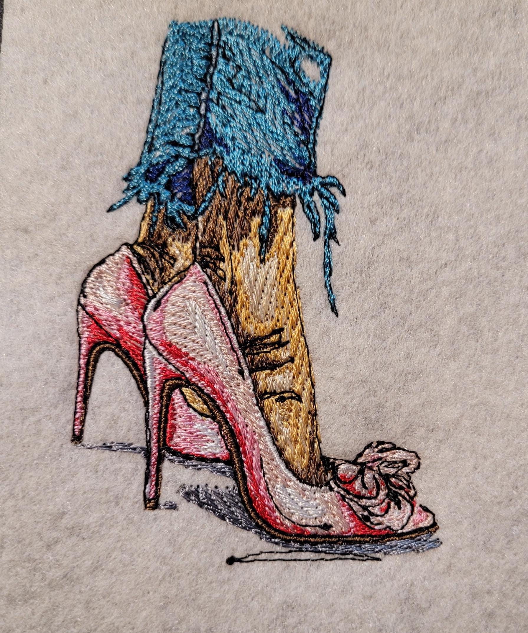 Red Heels, Lace & Denim: Red Heel Patch or 12x12" Felt Panel, Shredded Hem and Heels Iron-On Art, Crimson Bow Heels Embroidered Patch