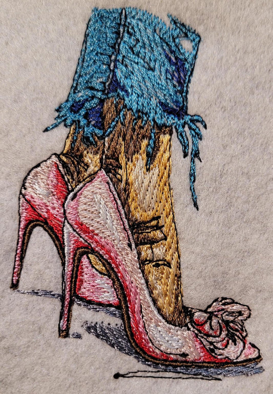 Red Heels, Lace & Denim: Red Heel Patch or 12x12" Felt Panel, Shredded Hem and Heels Iron-On Art, Crimson Bow Heels Embroidered Patch