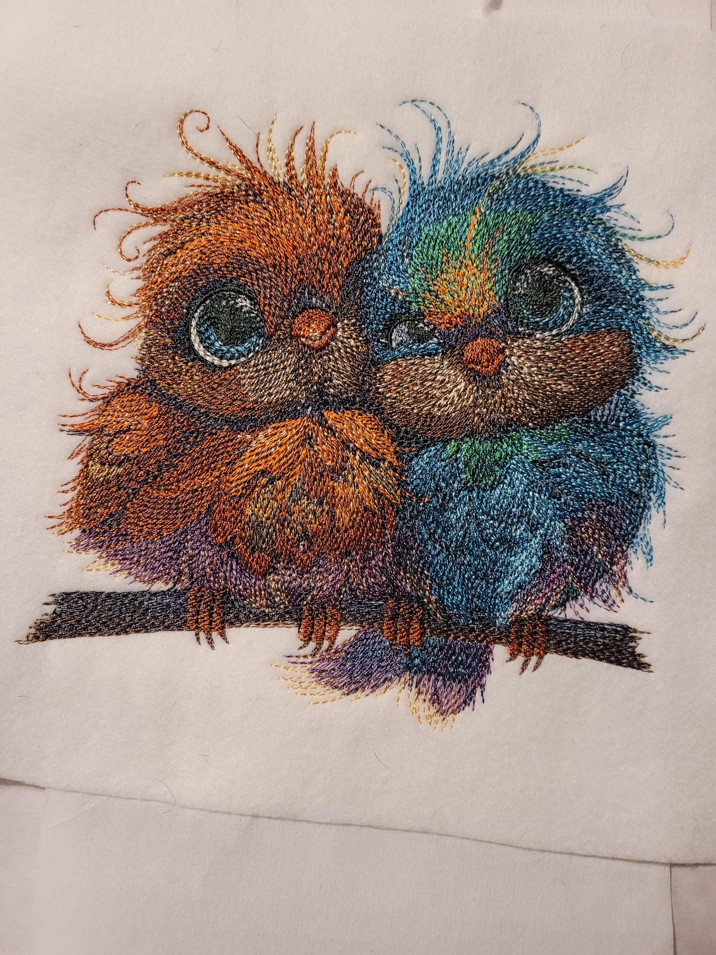 Birds, Embroidered Love Birds on Perch - Cute Blue & Orange Pair, Adorable, Sweet, and Charming. Whimsical and Colorful Bird Perch Decor.